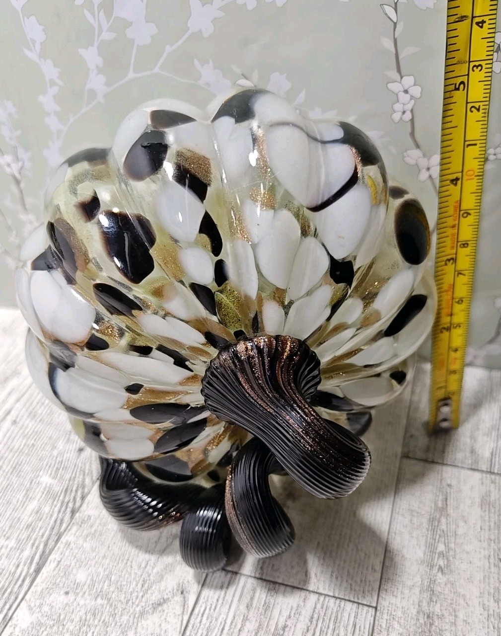 Hand Blown Art Glass Pumpkin Copper Black White Medium Swirl Glitter Decorative