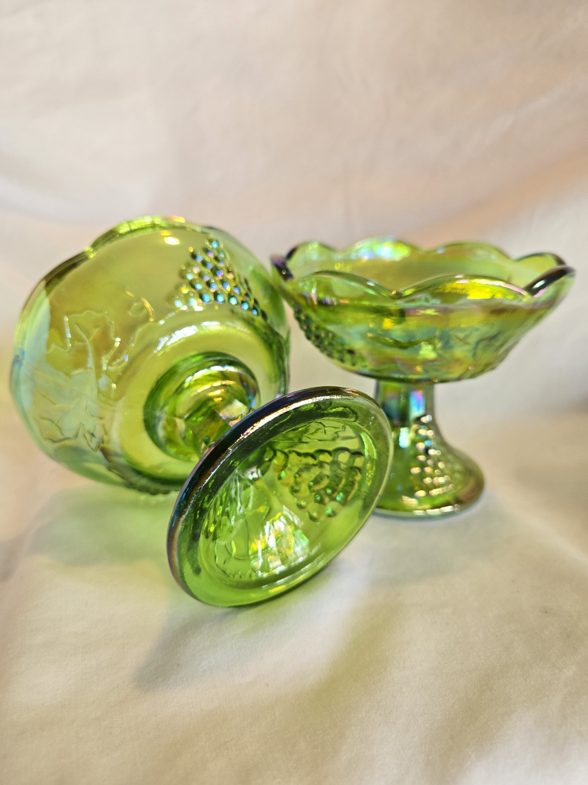 PAIR Indiana Glass Carnival Lime Green Iridescent Harvest Grapes Candle Holders