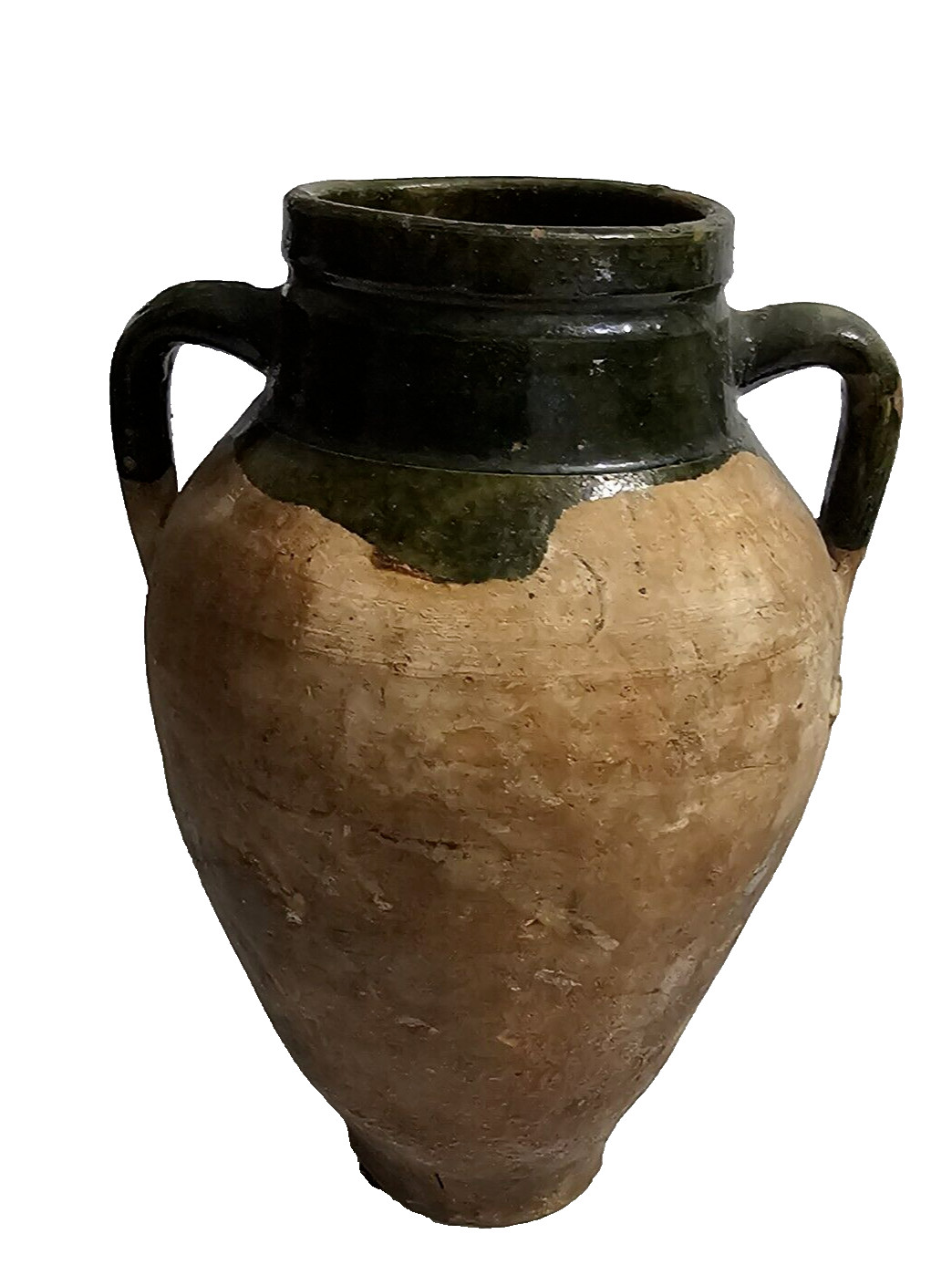 VINTAGE TURKISH TERRACOTTA VASE CLAY POTTERY TWO HANDLES GREEN GLAZE TOP
