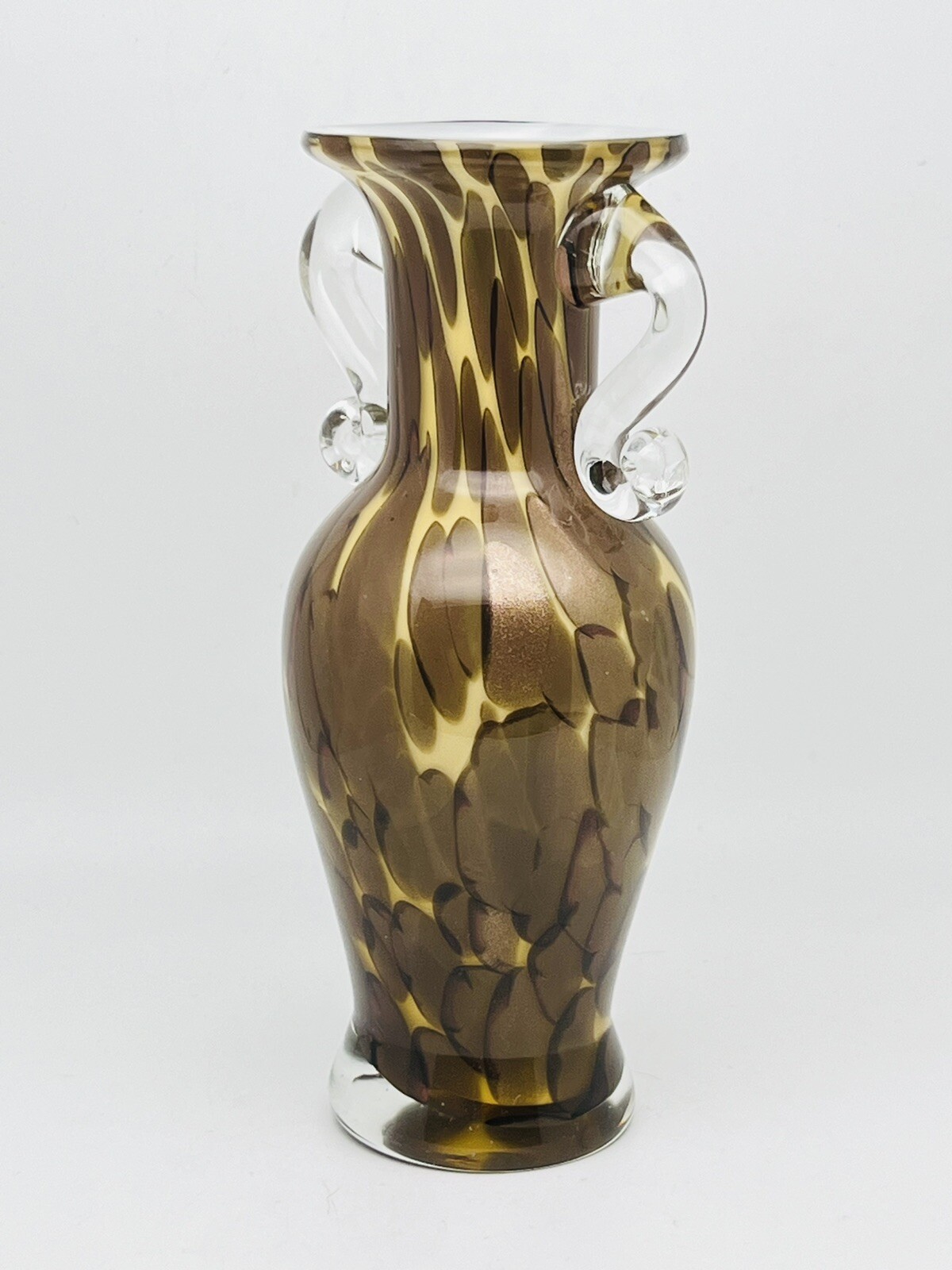 Burton+Burton Hand Blown Splatter Glass Vase Applied Clear Handles Copper Accent