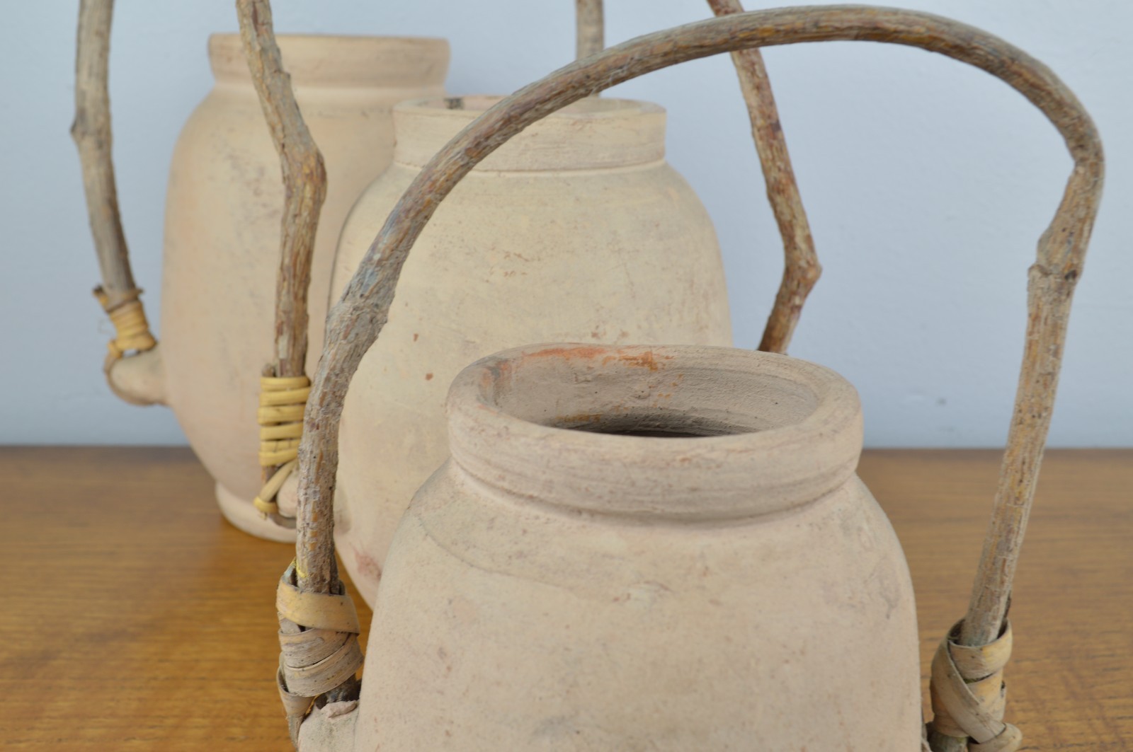 Raw Clay Vase Set of 3 Twisted Branch Handles Rustic Pottery Boho Chalky Decor