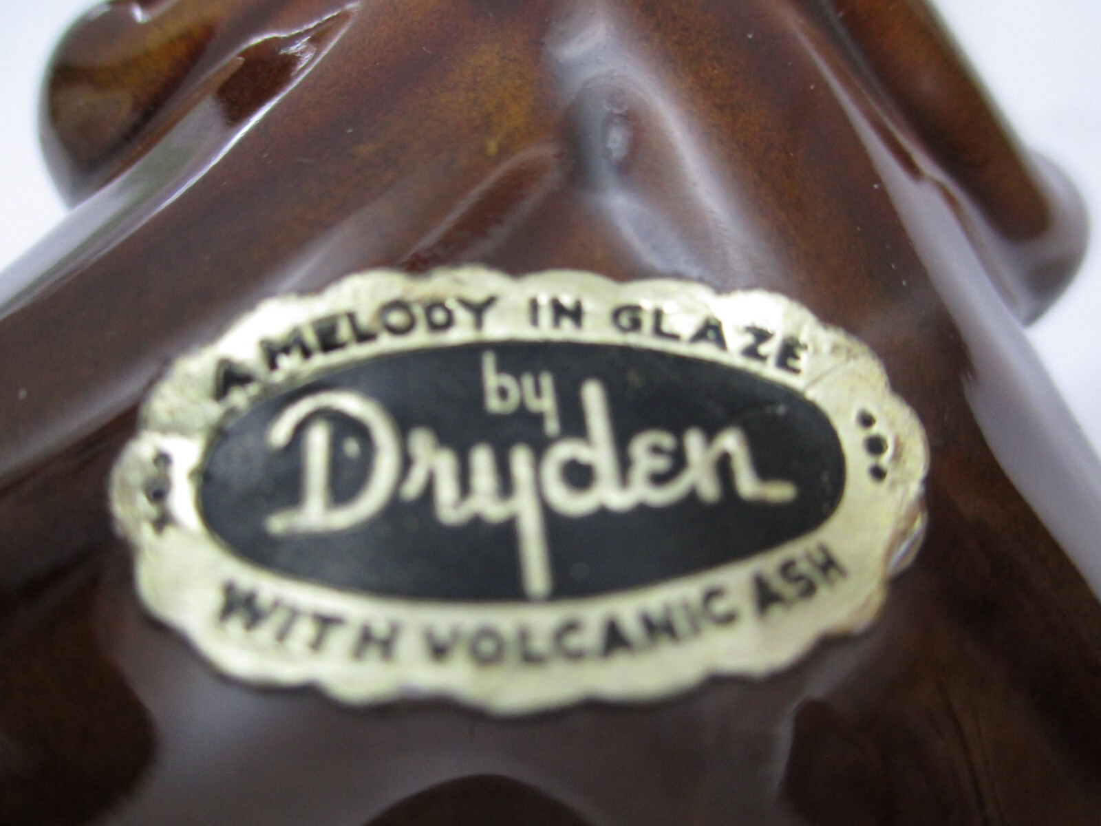 Vintage Dryden Pottery Cornucopia Vase LABEL Signed Brown Glaze 4 1/4″ Tall