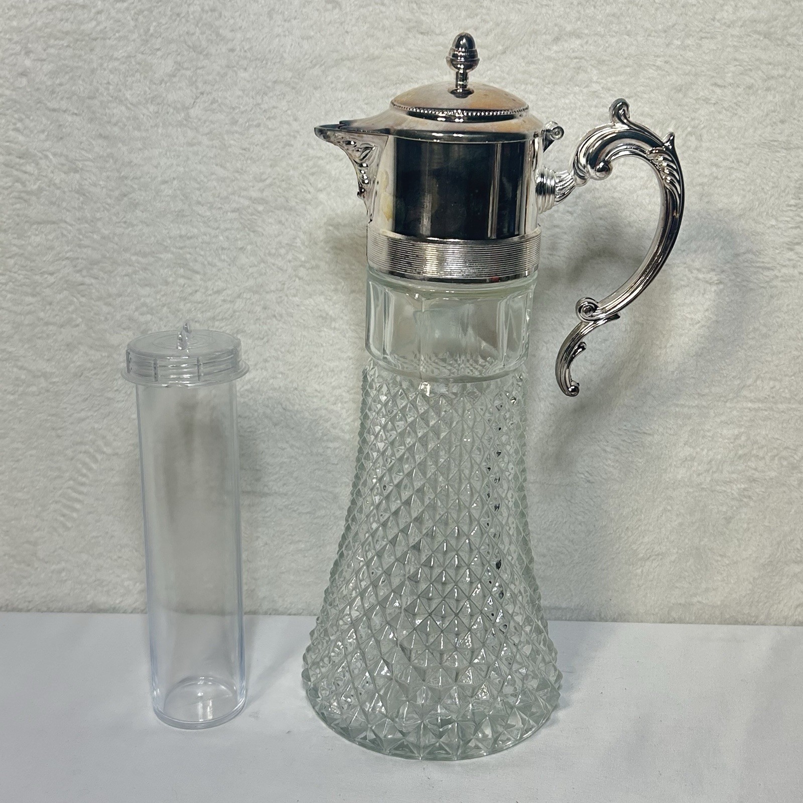 VTG Crystal & Silver-Plate Claret Bottle Pitcher Leonard Silver Mfg + Ice Tube