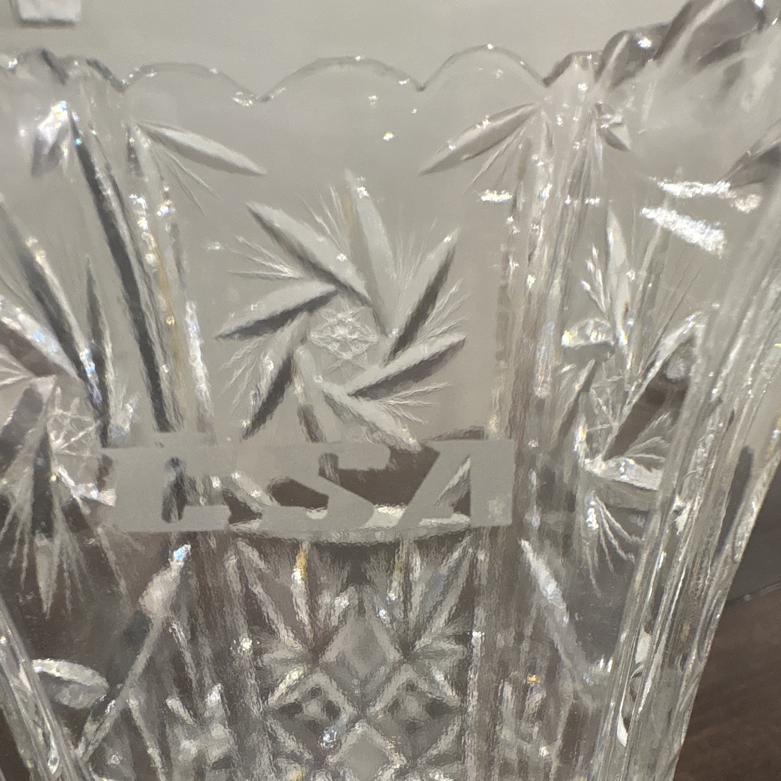Clear Cut Glass Vase Square Base Scalloped Rim Starburst Pattern Decorative