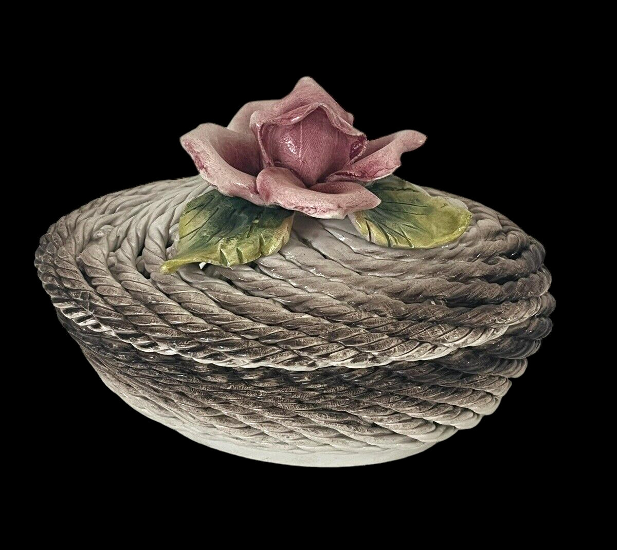 Vintage Capodimonte Italy Porcelain Woven Basket Rose Trinket Jewelry Box 6″
