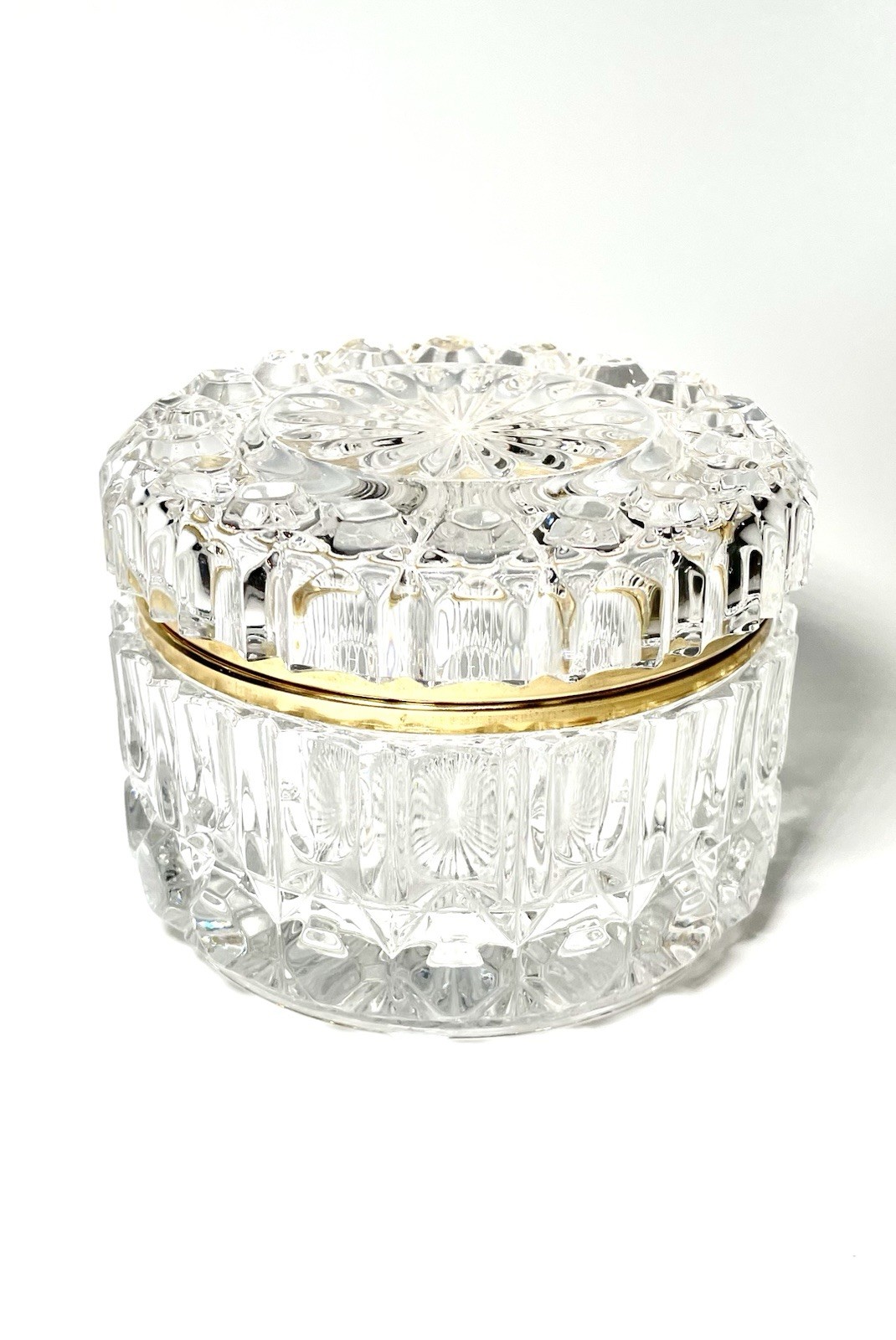 Vintage Crystal Jewelry Box – Round Decorative Hinged Box With Gold Trim