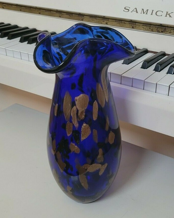 HANDBLOWN COBALT BLUE MURANO VASE WITH COPPER SPECS 12.5 INCHES TALL