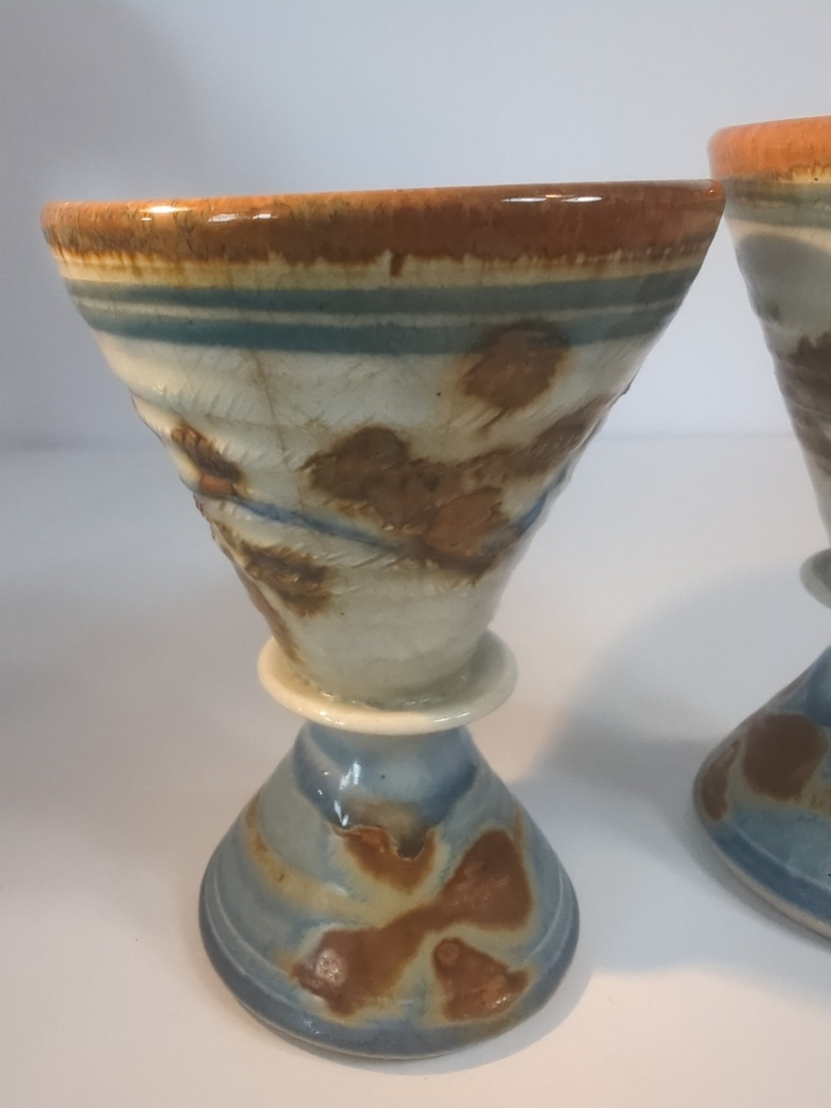 VTG. Studio Art Pottery Hand Thrown Blue Earth Tones Goblets/Vases 6″ Set Of 2