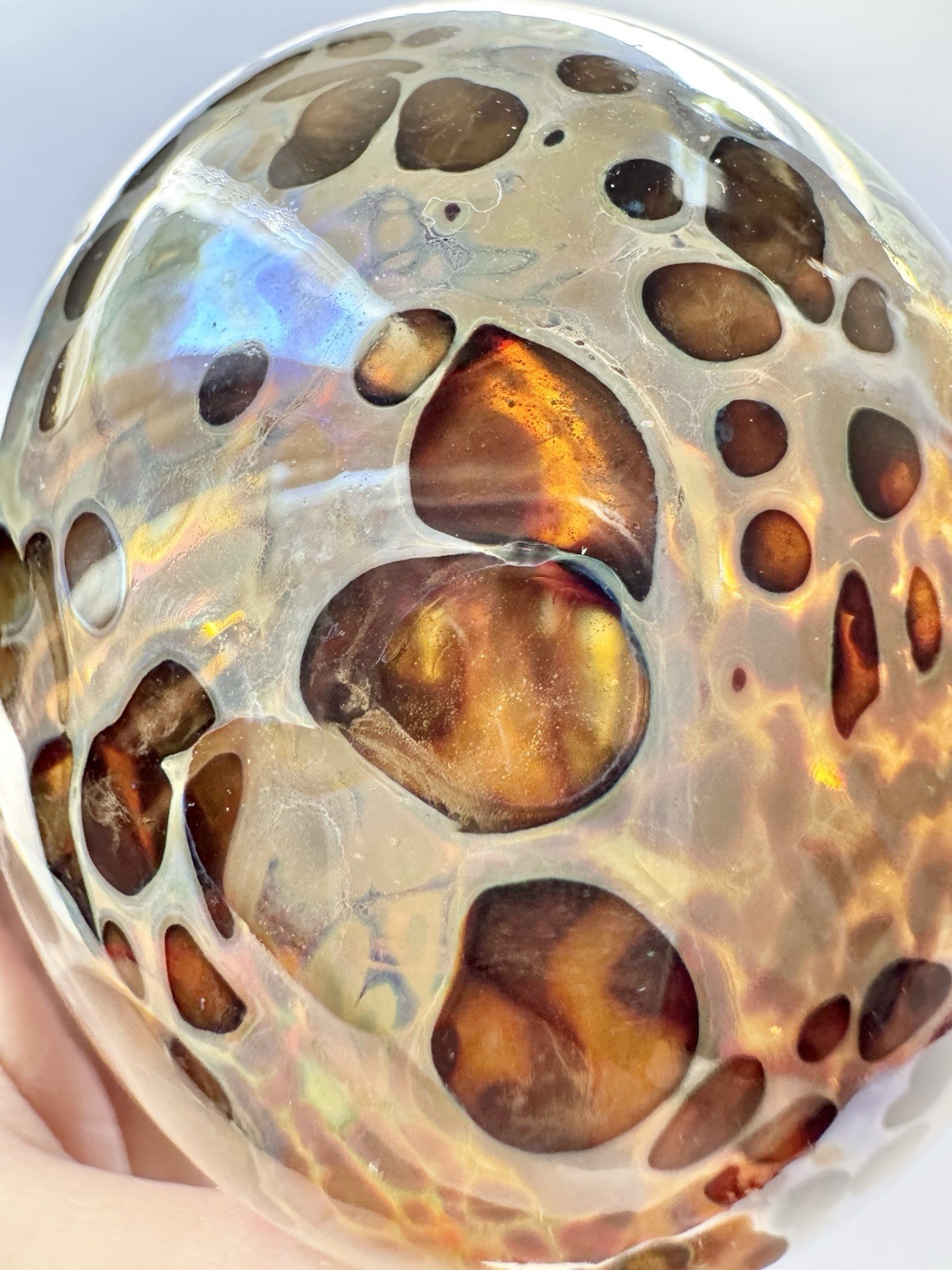 Vintage Iridescent Spotted Blown Art Glass Paperweight Signed Sharon Fujimoto