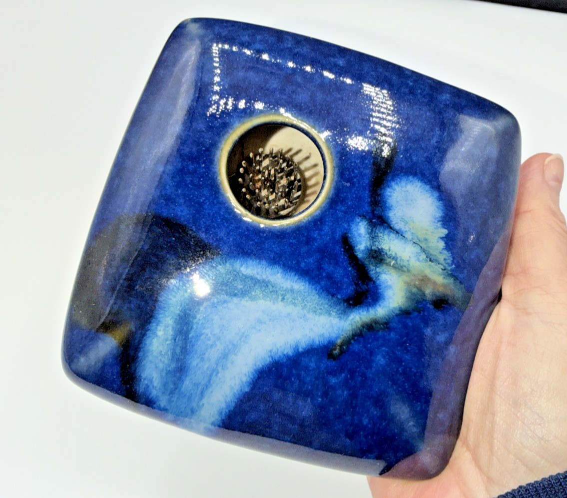Georgetown Pottery Ikebana Vase Blue Square Shape Signed Spike Flower Frog 5×5