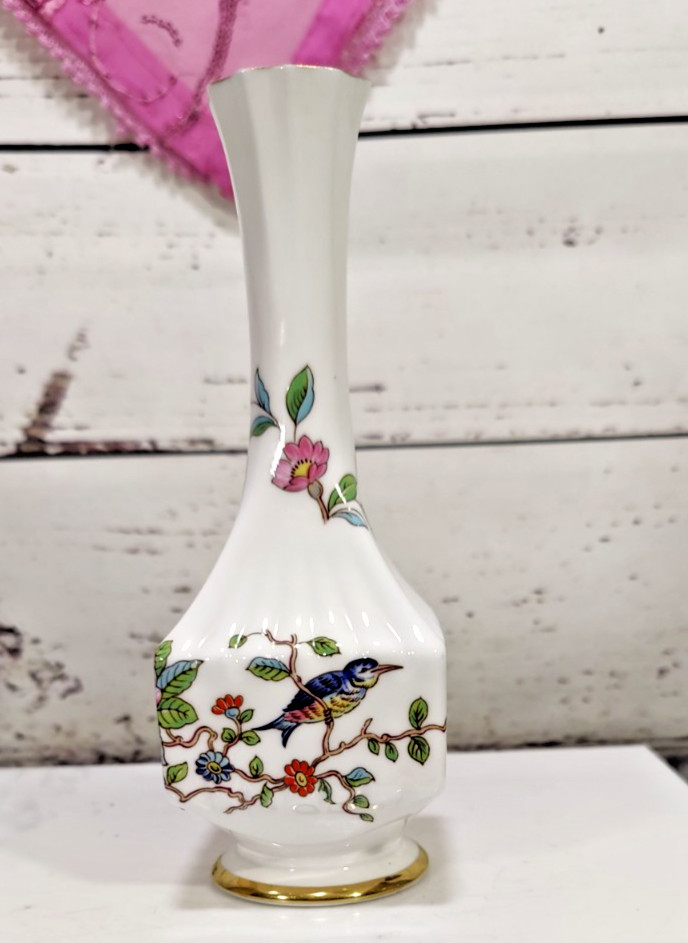 Vintage Aynsley Pembroke Bud Vase Bone Chinea Bird and Floral Pttern Gold Accent