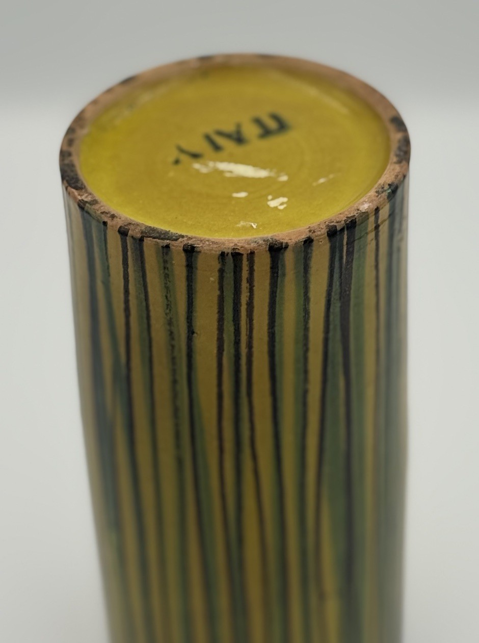 Vintage Mid-Century Italian Yellow Green Multi Color Striped Cylinder Vase ITALY