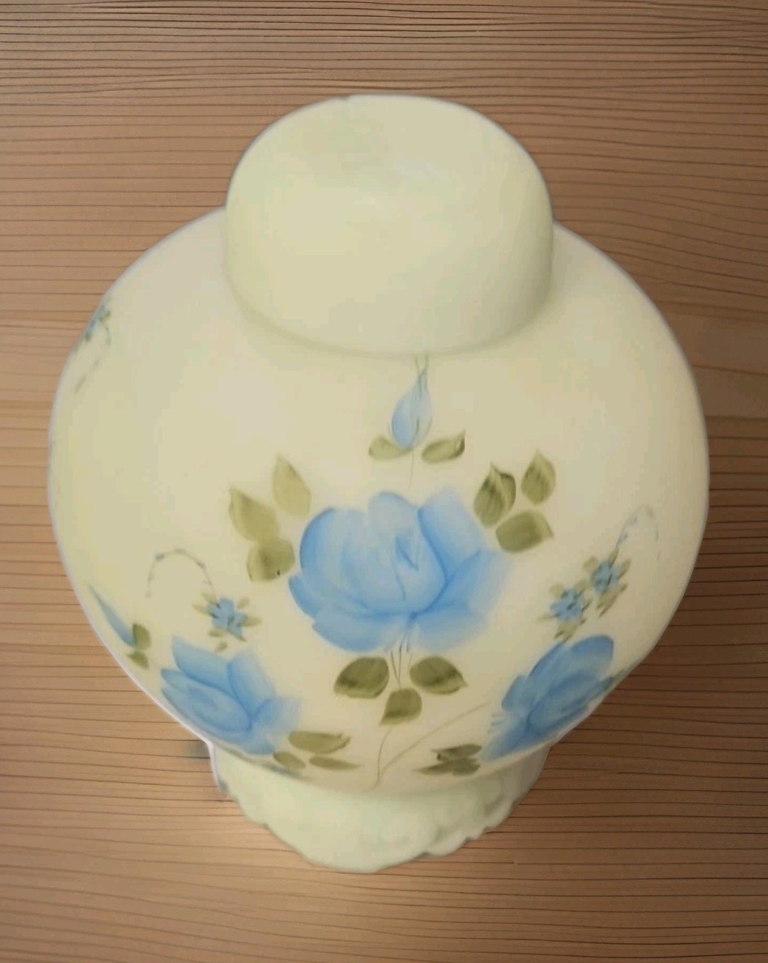 VTG Fenton Aqua Satin Glass Ginger Jar on Pedestal Hand Painted & Signed Florals