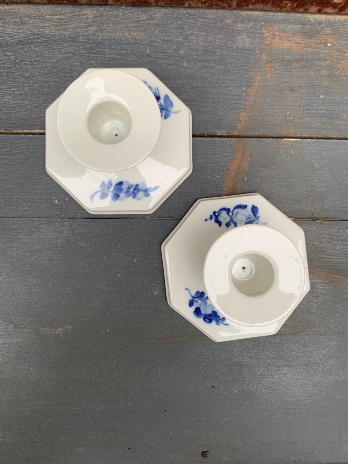 2 Danish Royal Copenhagen Porcelain Candlestick Holders Blue White Floral