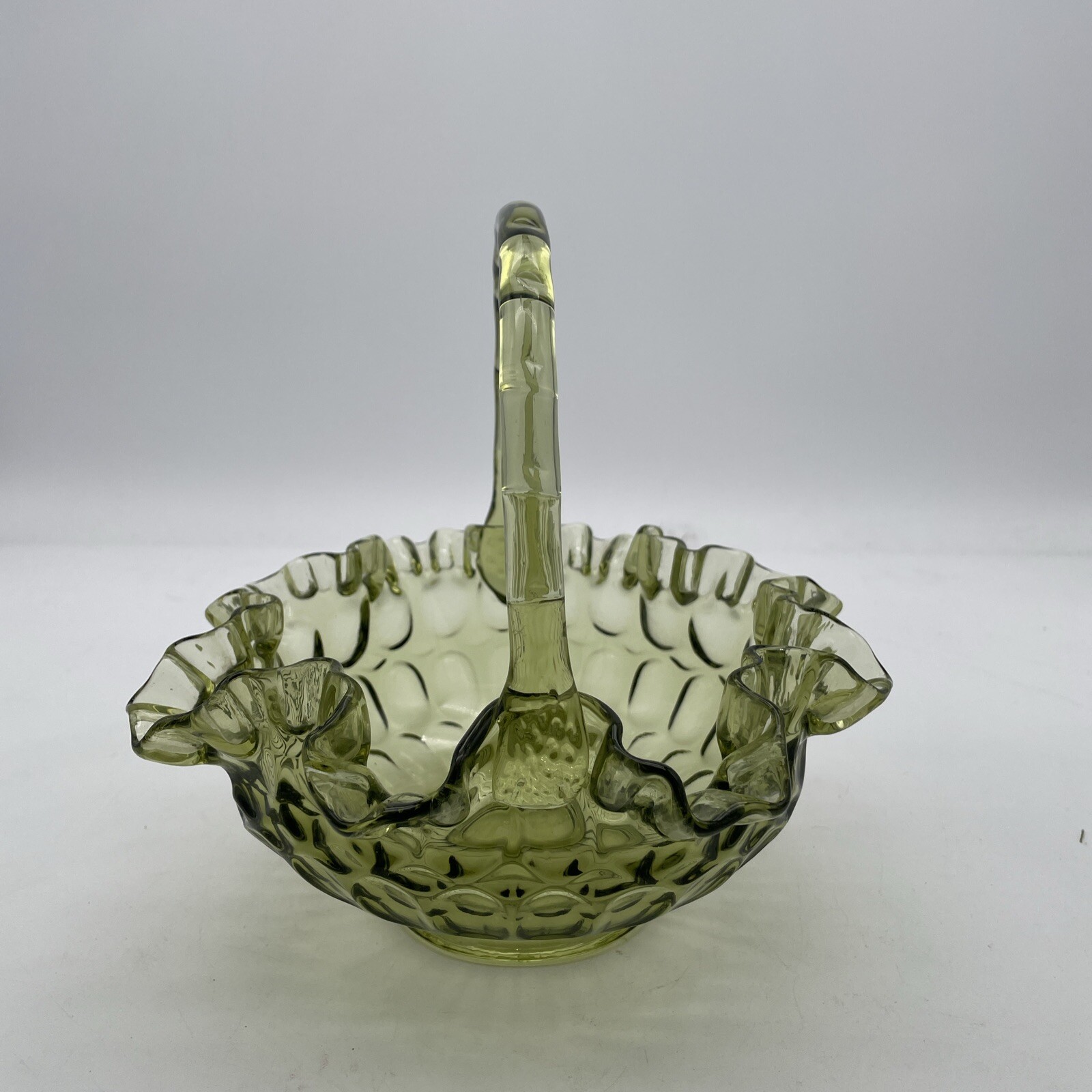 Vintage Fenton Colonial Avocado Green Glass Basket W/ Handle Ruffled Thumbprint