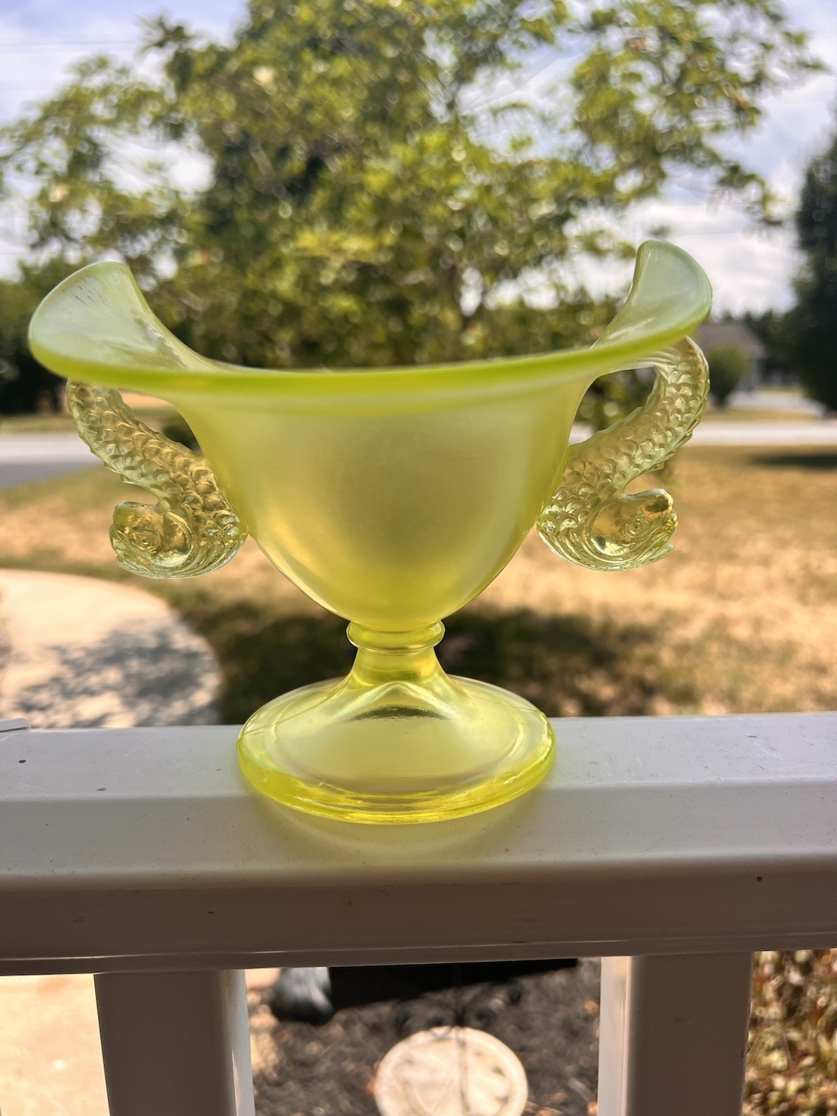 Fenton “Double Dolphins” vaseline glass compote, Yellow Green