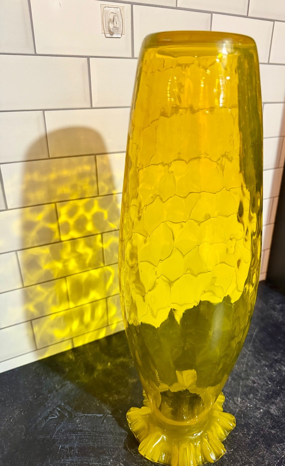 VGC Vintage Empoli Yellow Blown Glass Vase with a Ruffled Rim