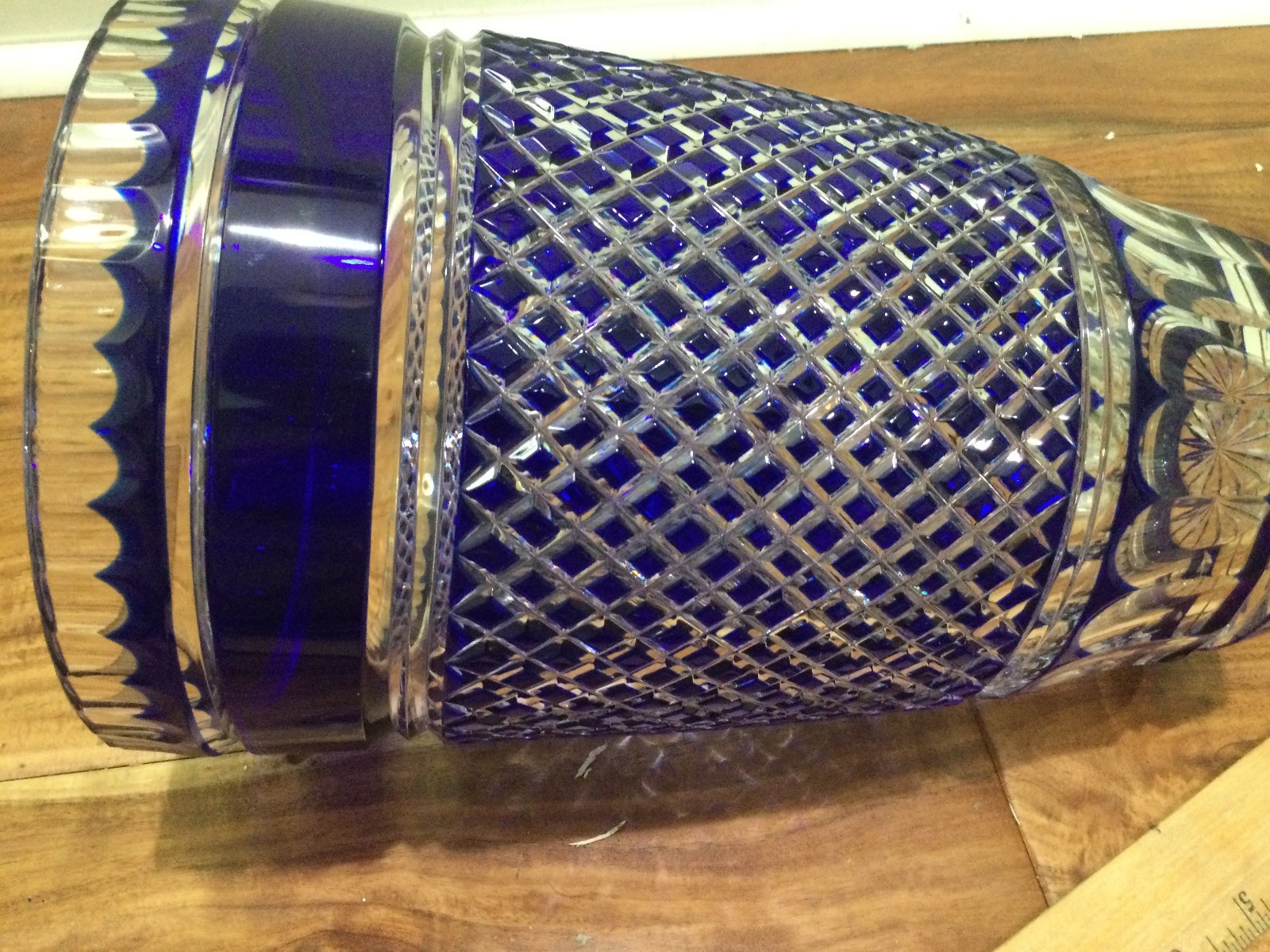 masive Bohemian Cobalt Cut to Clear Glass Vase Scalloped Rim Starburst diamond