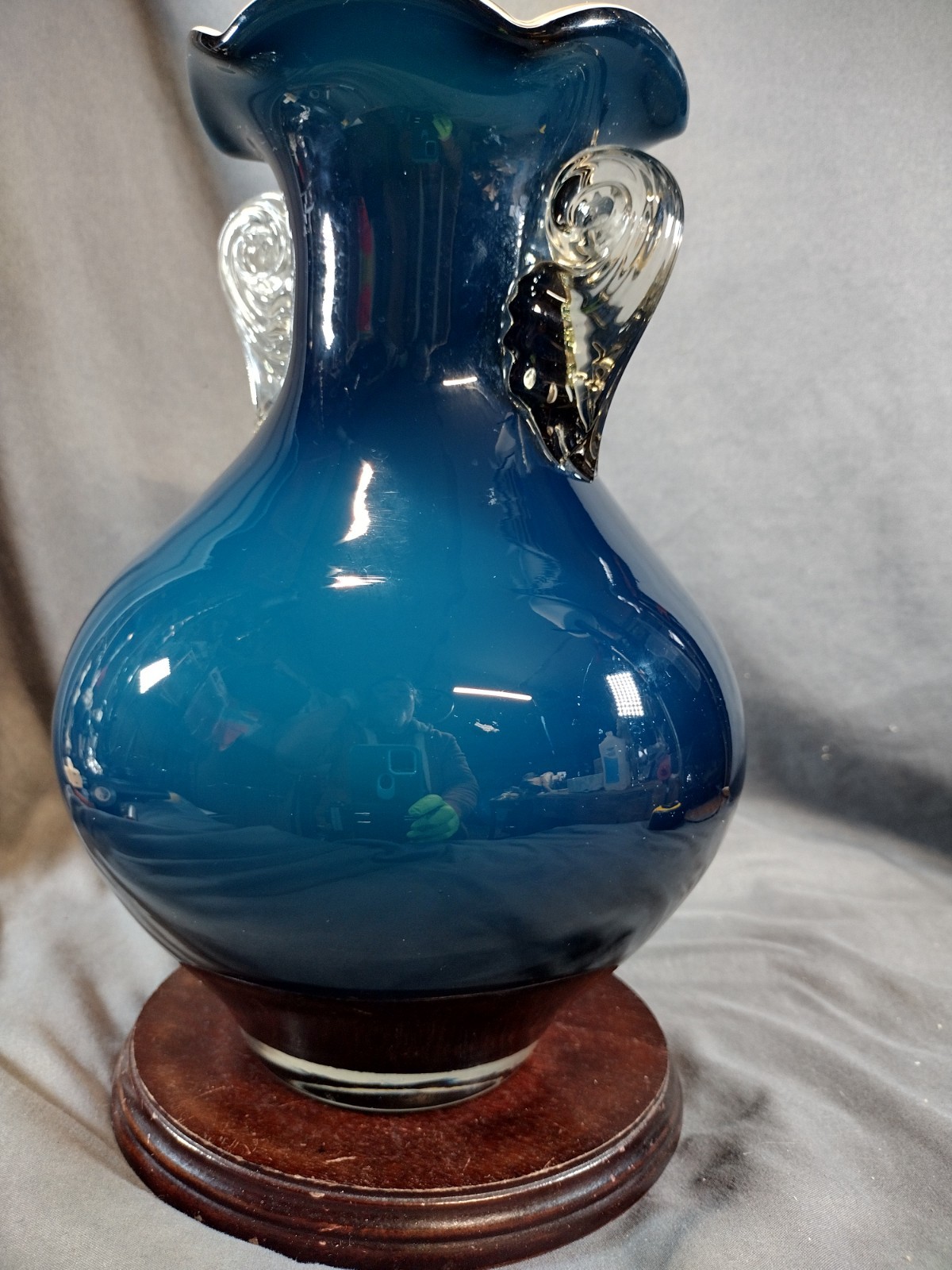 Vintage Teal Blue Blown Art Glass Vase Gold Foil Ruffled Rim Scrolled Handles