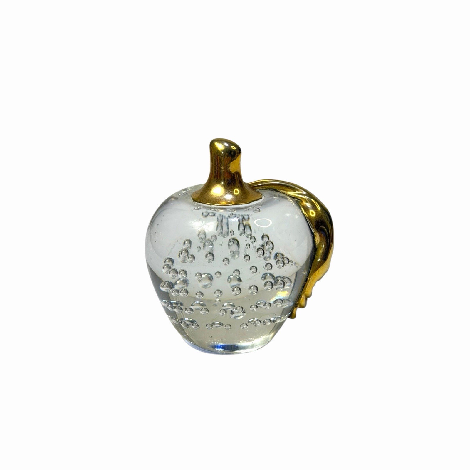 Vintage Art Glass Apple Paperweight with Controlled Bubble Clear Gold Stem