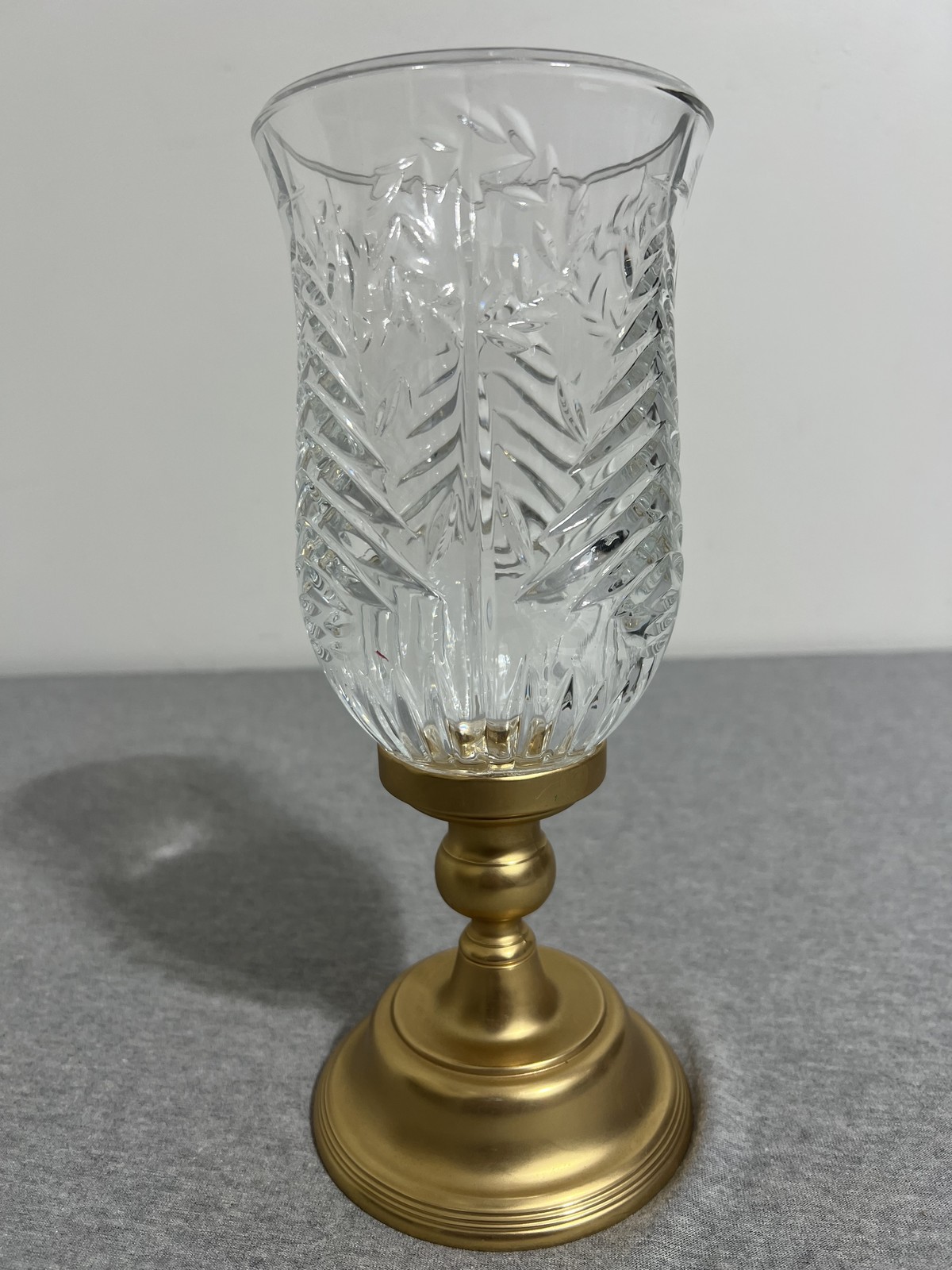 Cut Crystal Hurricane Candle Holder Gold Brass Base Etched Glass Votive 10 Inch