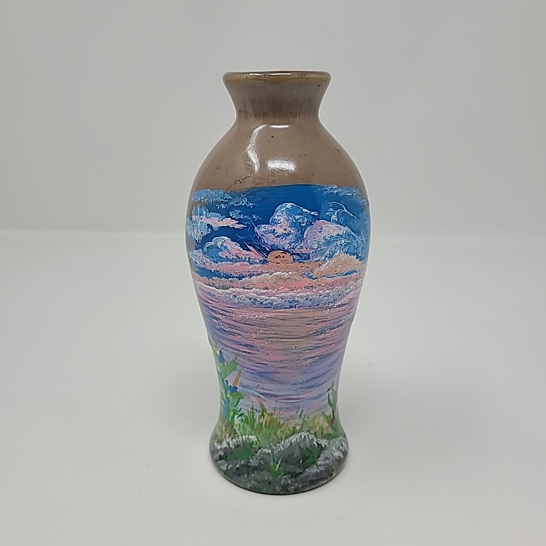 Hand Painted Seascape Scene Vase Colorful Signed 5.5″
