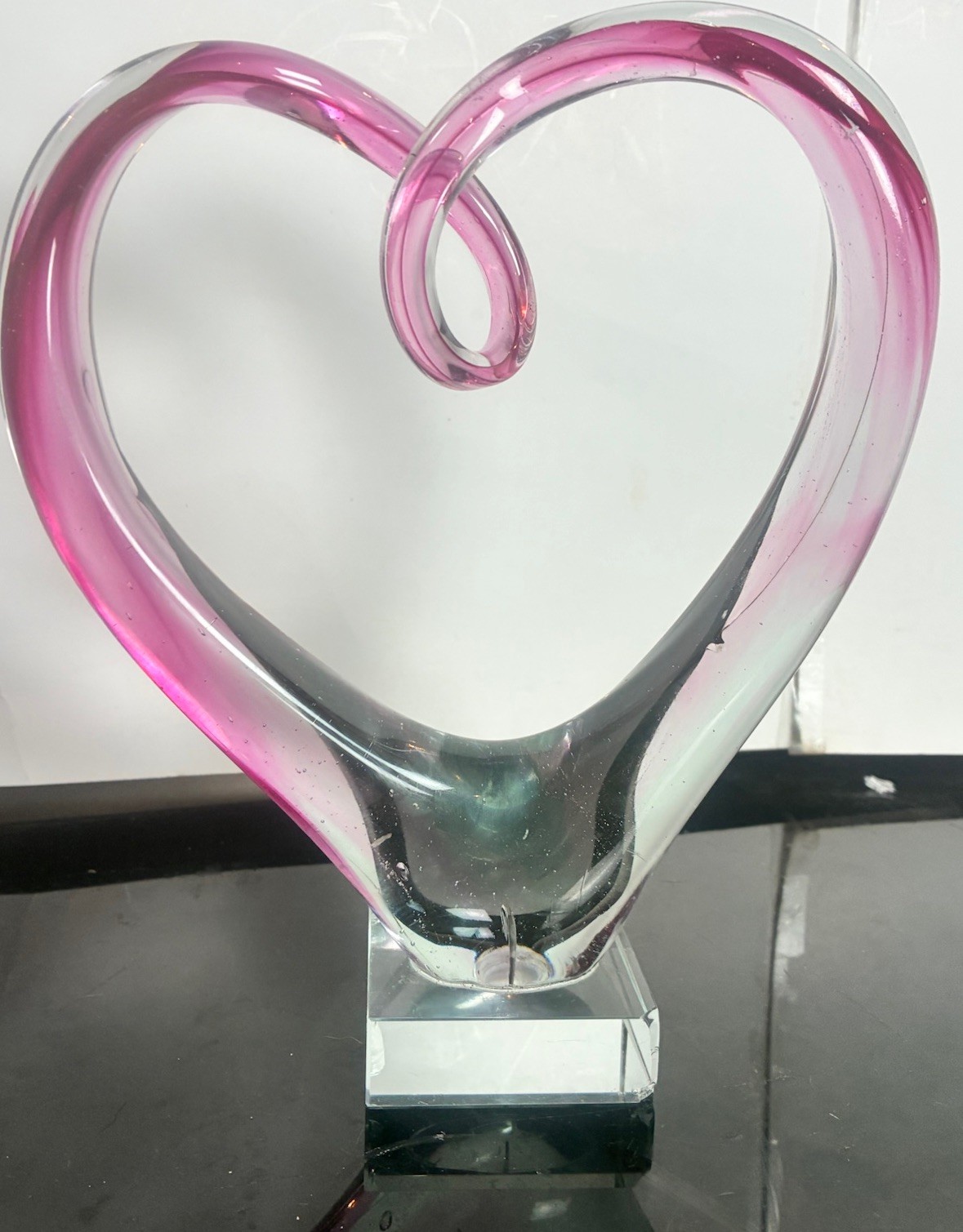 Vintage Twisted Handblown Pink Glass Twist Heart on Glass Base 8¼”