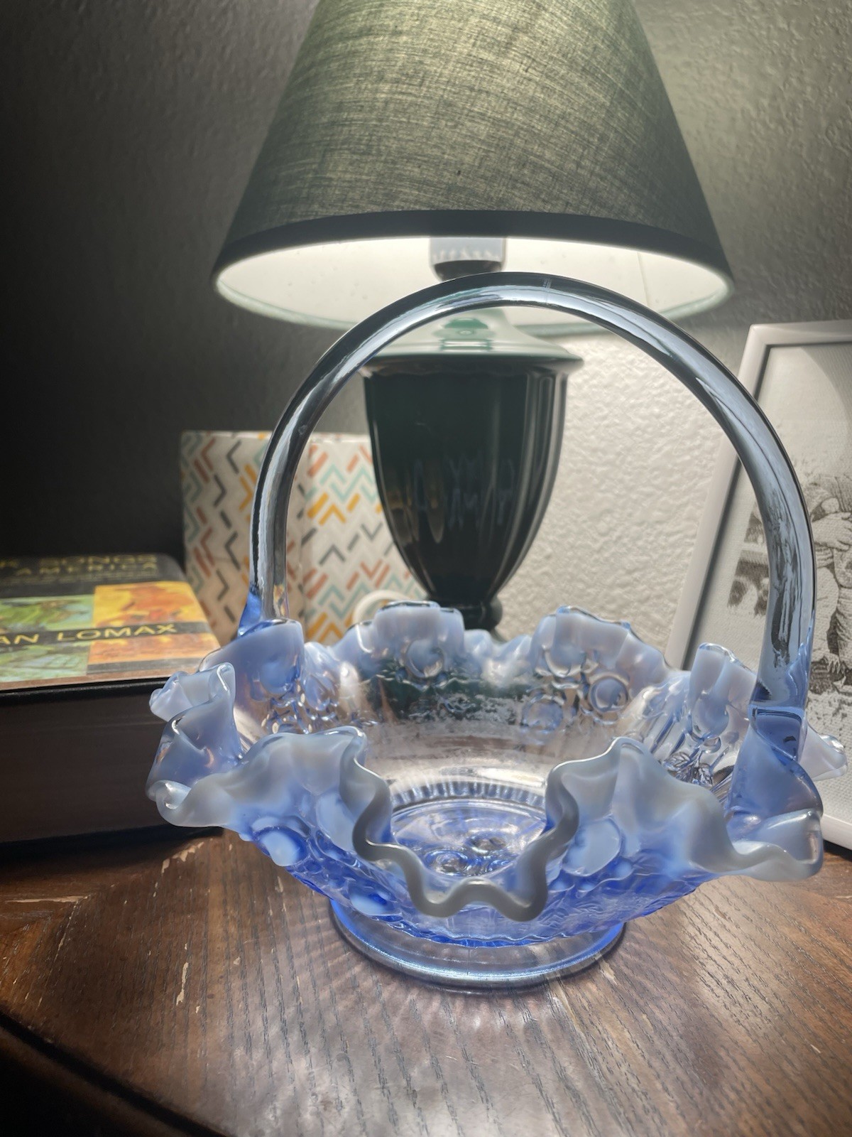 Fenton Light Blue Opalescent Cabbage Rose Ruffled Edge Bride’s Basket