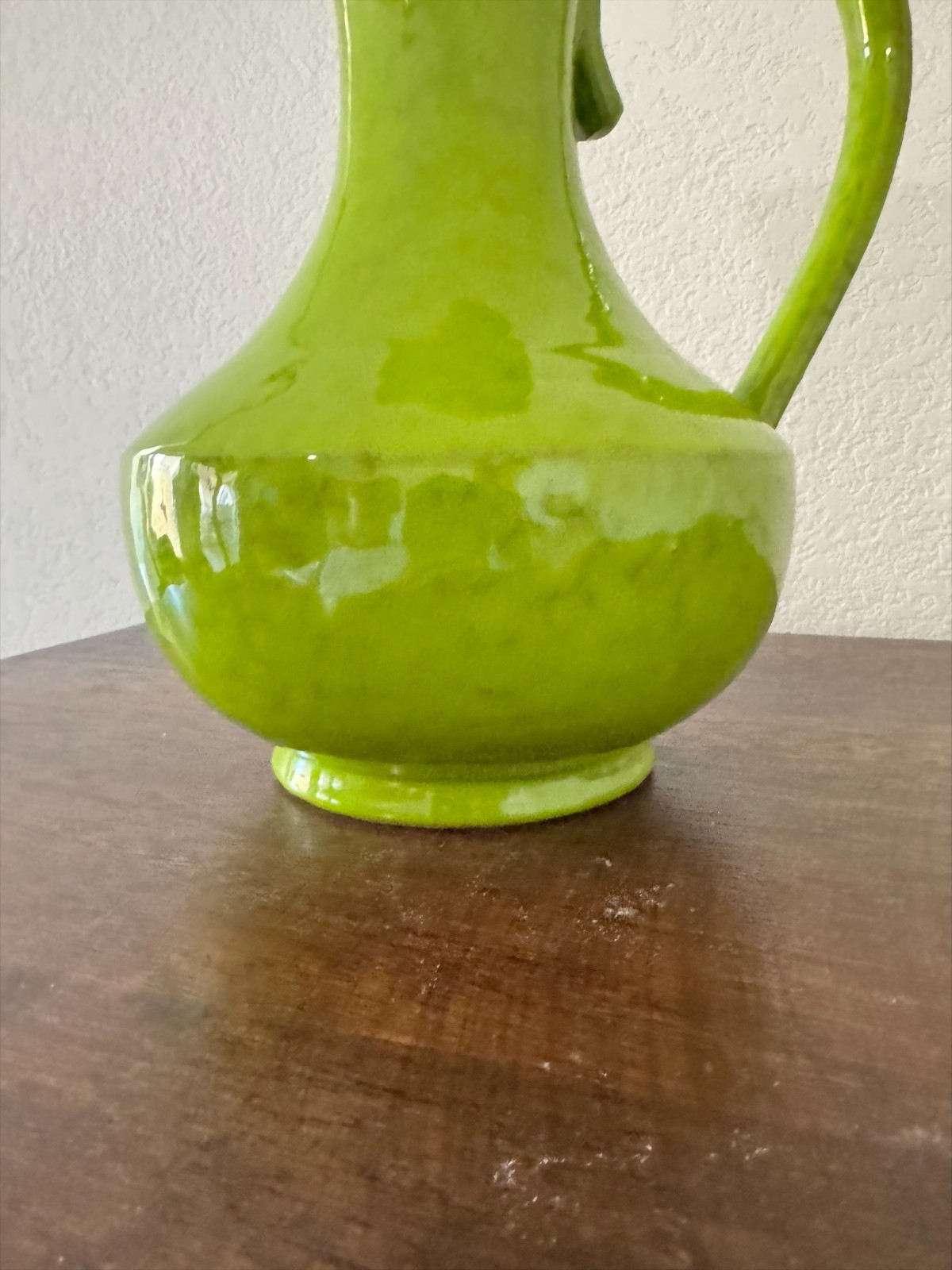 GORGEOUS Green Glazed Ceramic Pitcher Vase With Handle Mid Century Style 12”