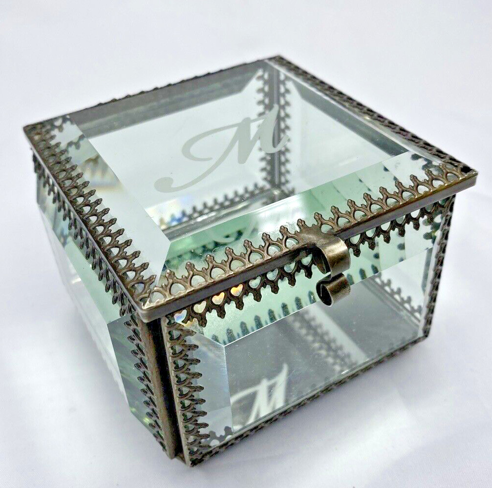 Nicole Miller Antiqued Brass Ormolu Beveled Glass Footed Jewelry Box