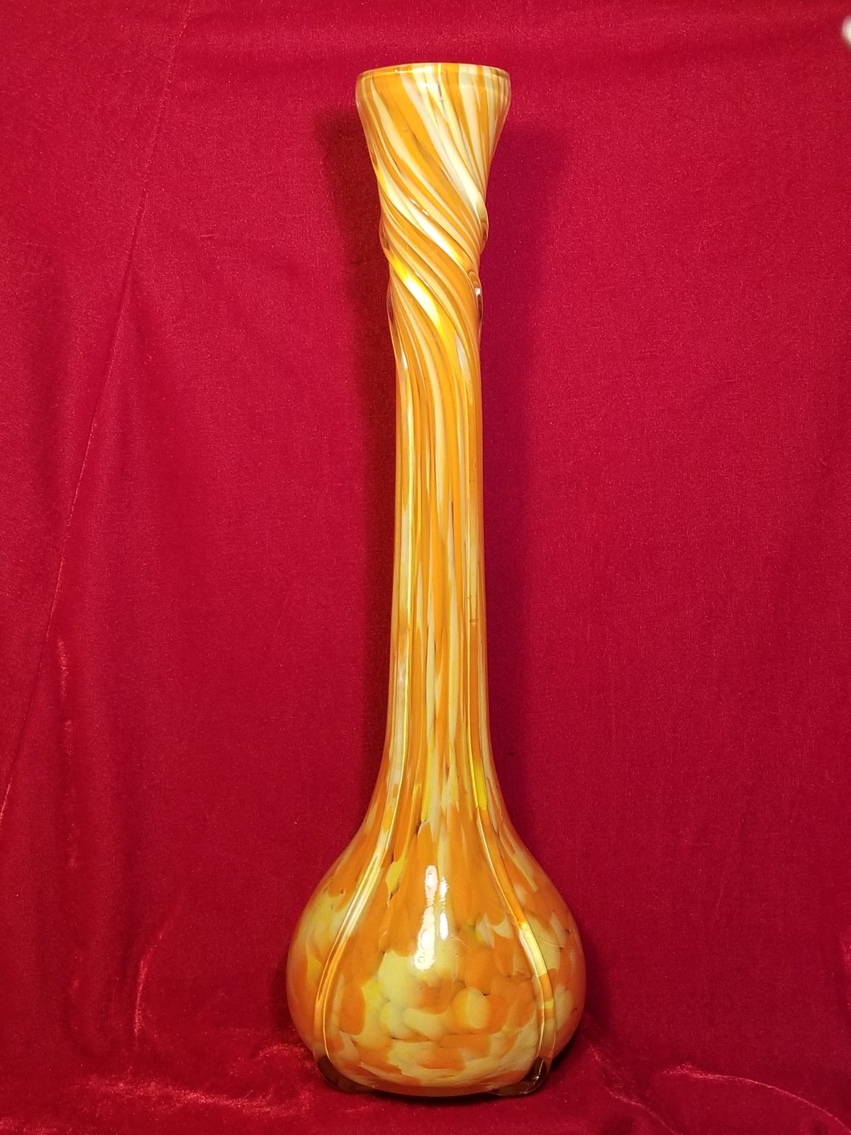 Czech Hand Blown Bohemian Art Kralik Spatter Glass Vase 15.75″ Tall Antique vtg