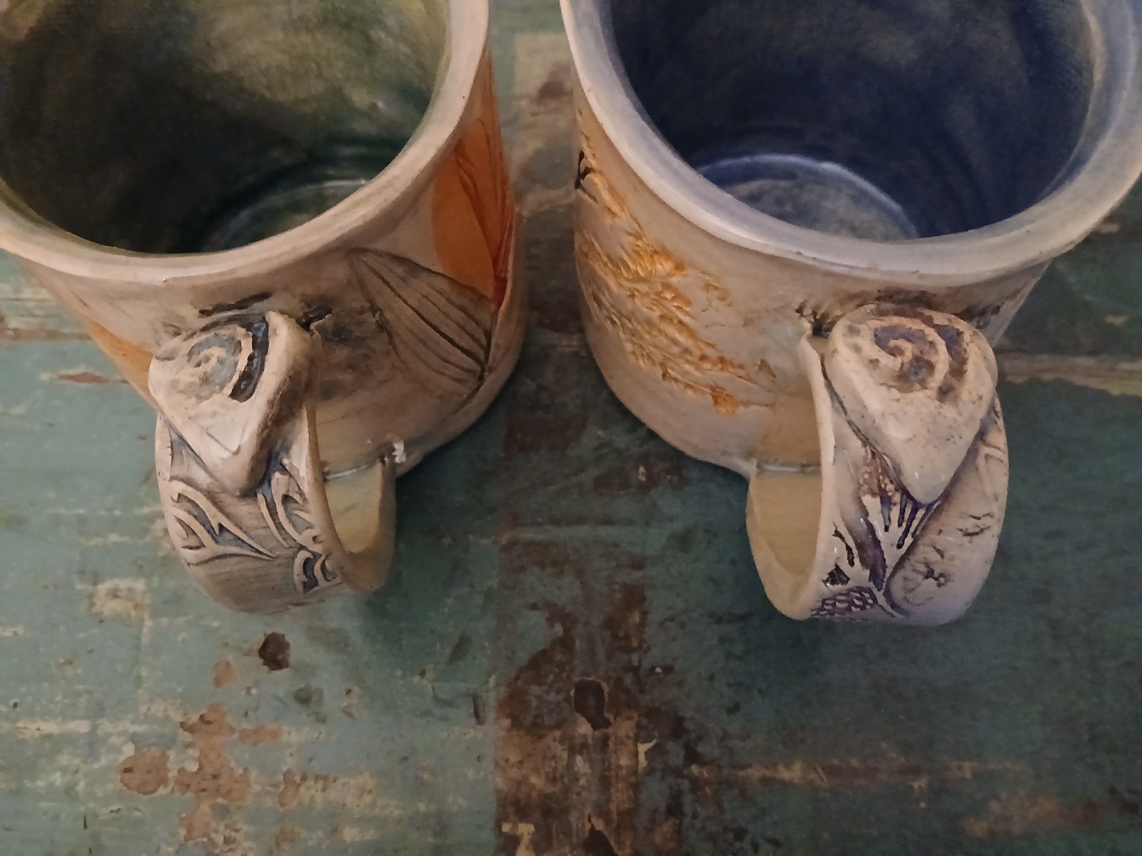 2 Handmade Pressed Flower Herb Pottery Mugs Gives Fossilied Effect. Unique NOS