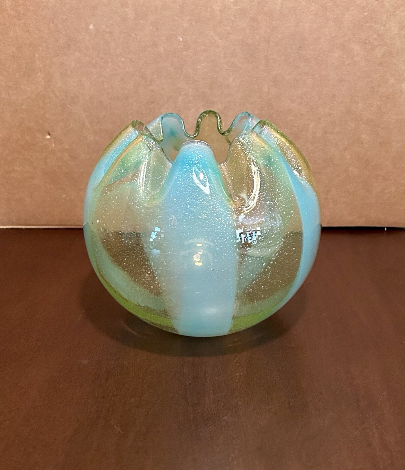 Vintage Art Glass Rose Bowl W/ Silver Mica Fleck, Crimped Bowl, Pontilled