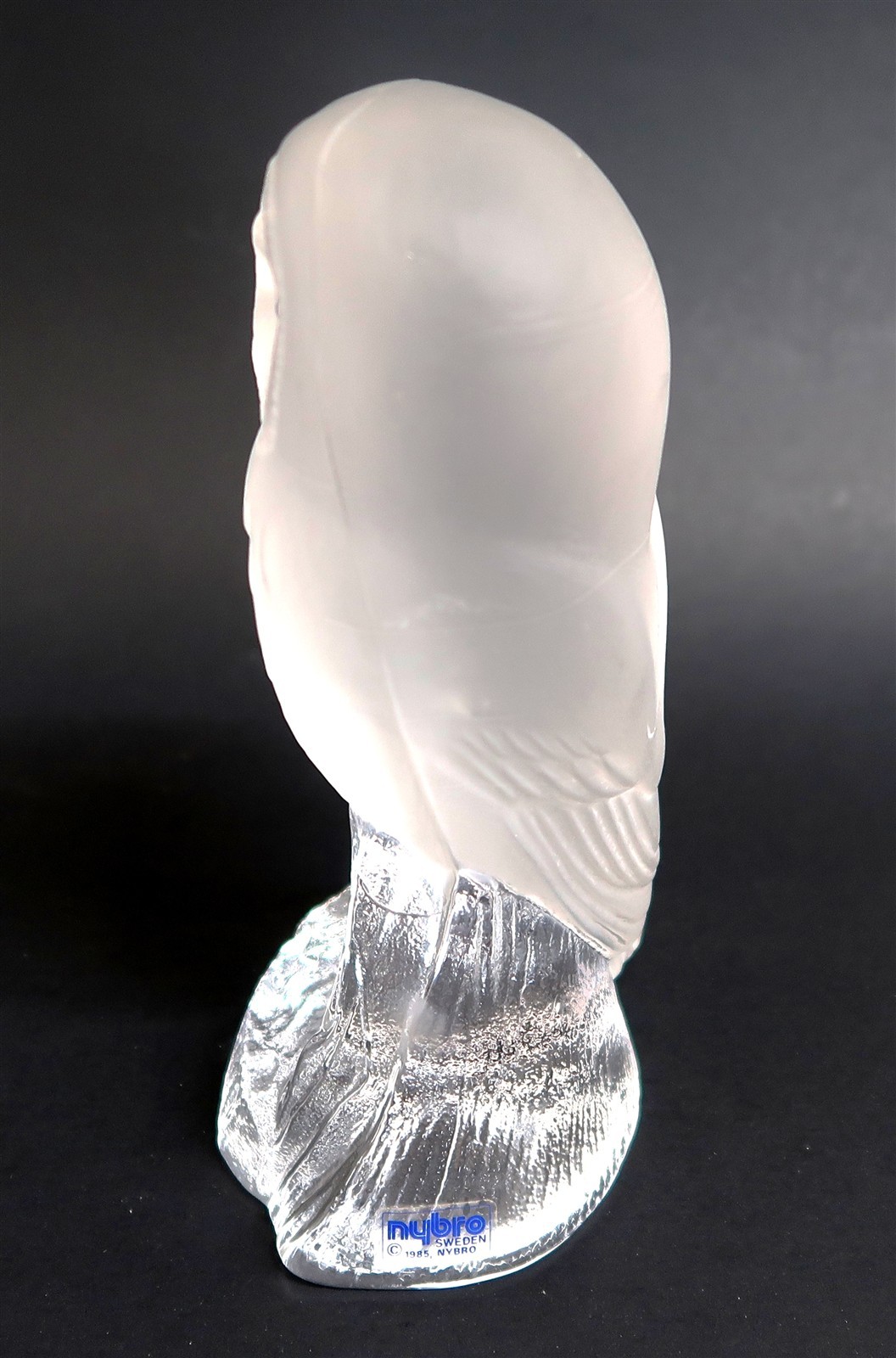 NYBRO Crystal OWL Sculpture 7″ Tall Swedish Art Glass 1985 Sweden Frosted Clear