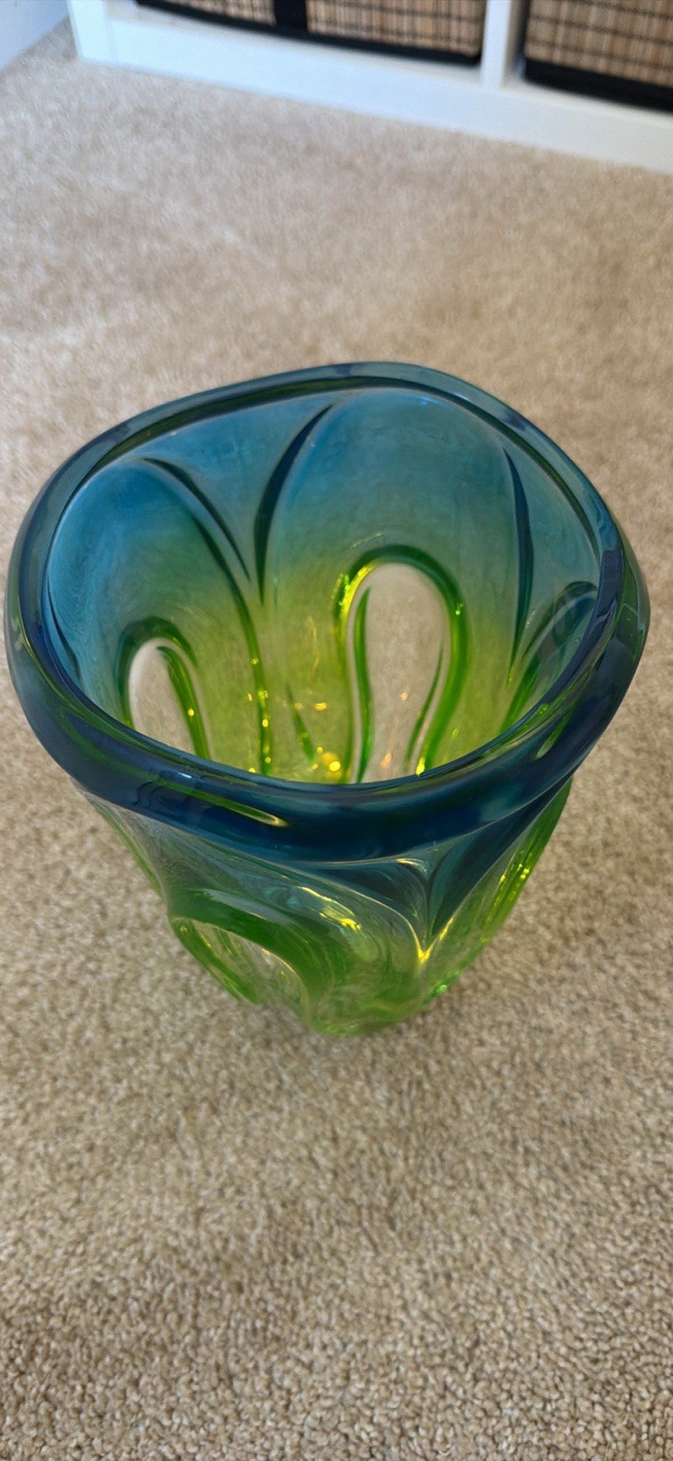 Blue & Green Art Glass Vase, Abstract Pattern Decorative Glass Home Decor