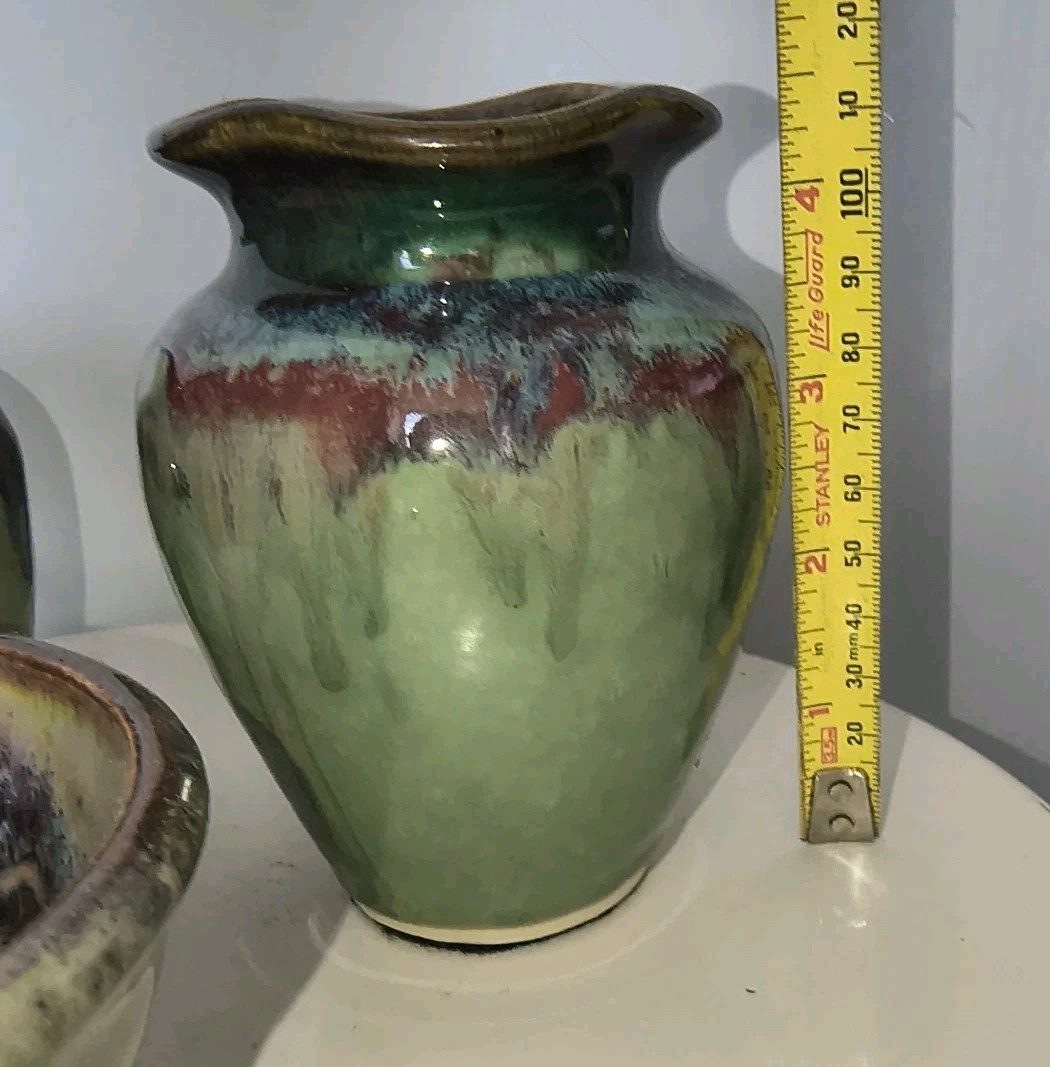 Vintage Studio Art Pottery Vases & Bowl Green & Browns Drip Glaze Set Signed RY