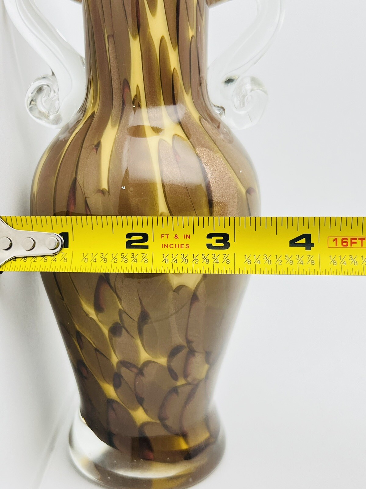 Burton+Burton Hand Blown Splatter Glass Vase Applied Clear Handles Copper Accent