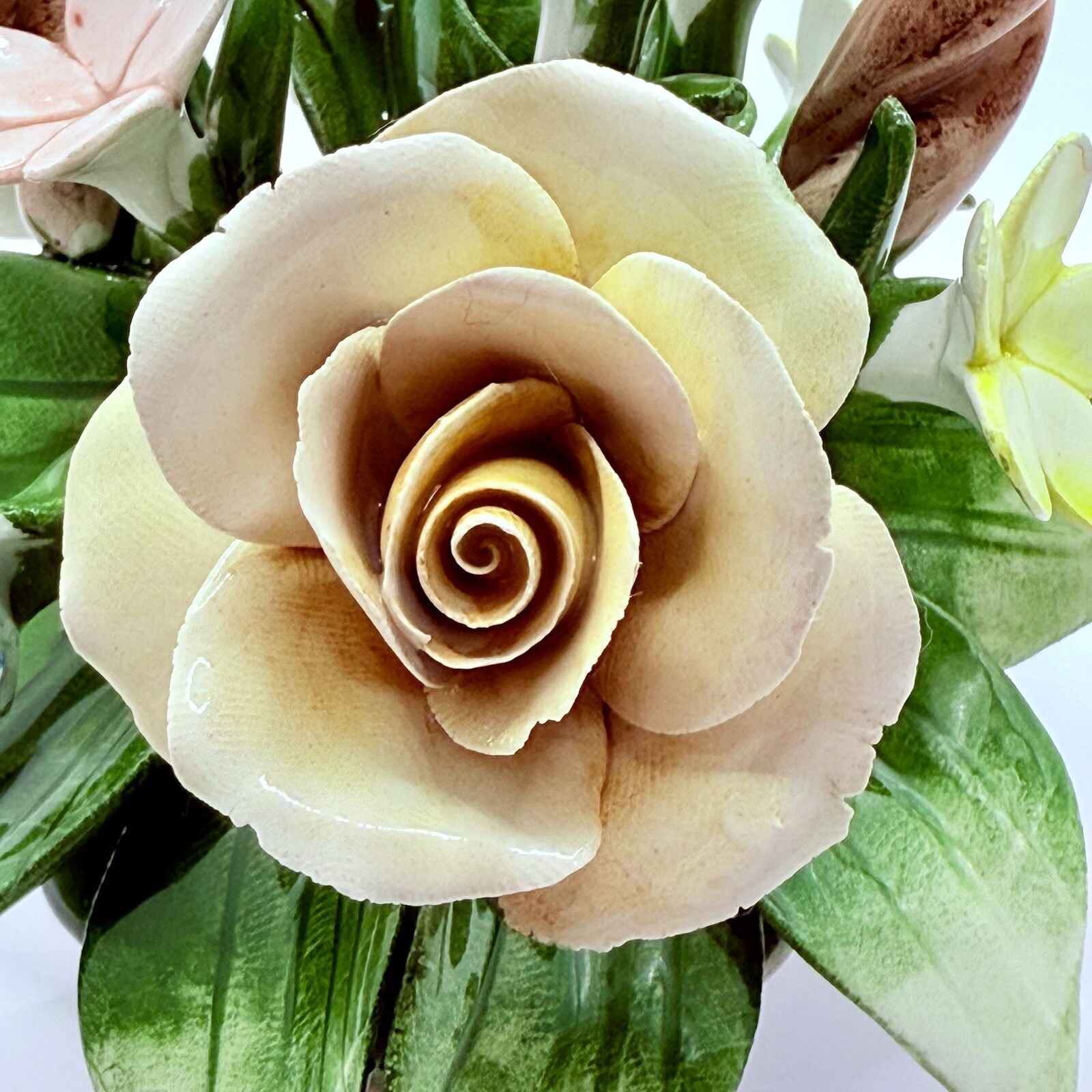 Vintage CAPODIMONTE Flower Basket Italian Porcelain Roses Centerpiece