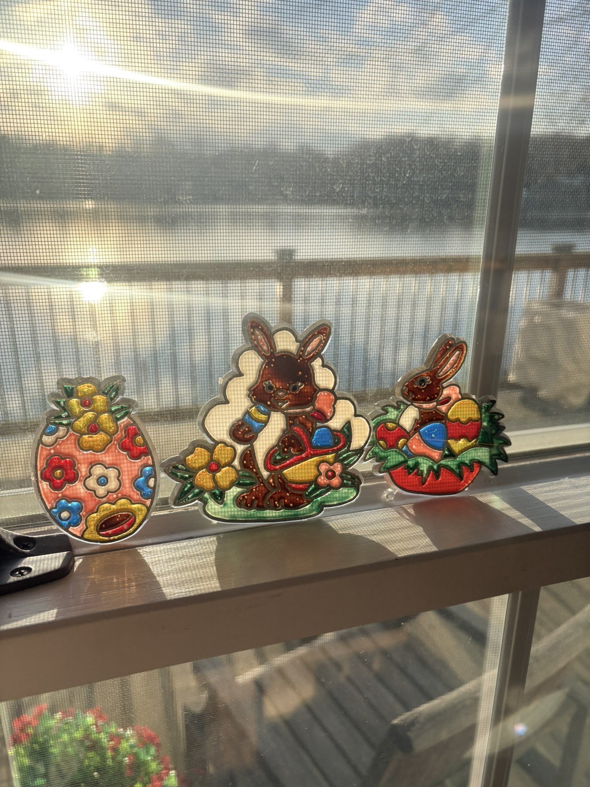 3 Vintage Handmade Easter Bunny Basket Egg Spring Floral Sun Catcher Cheerful