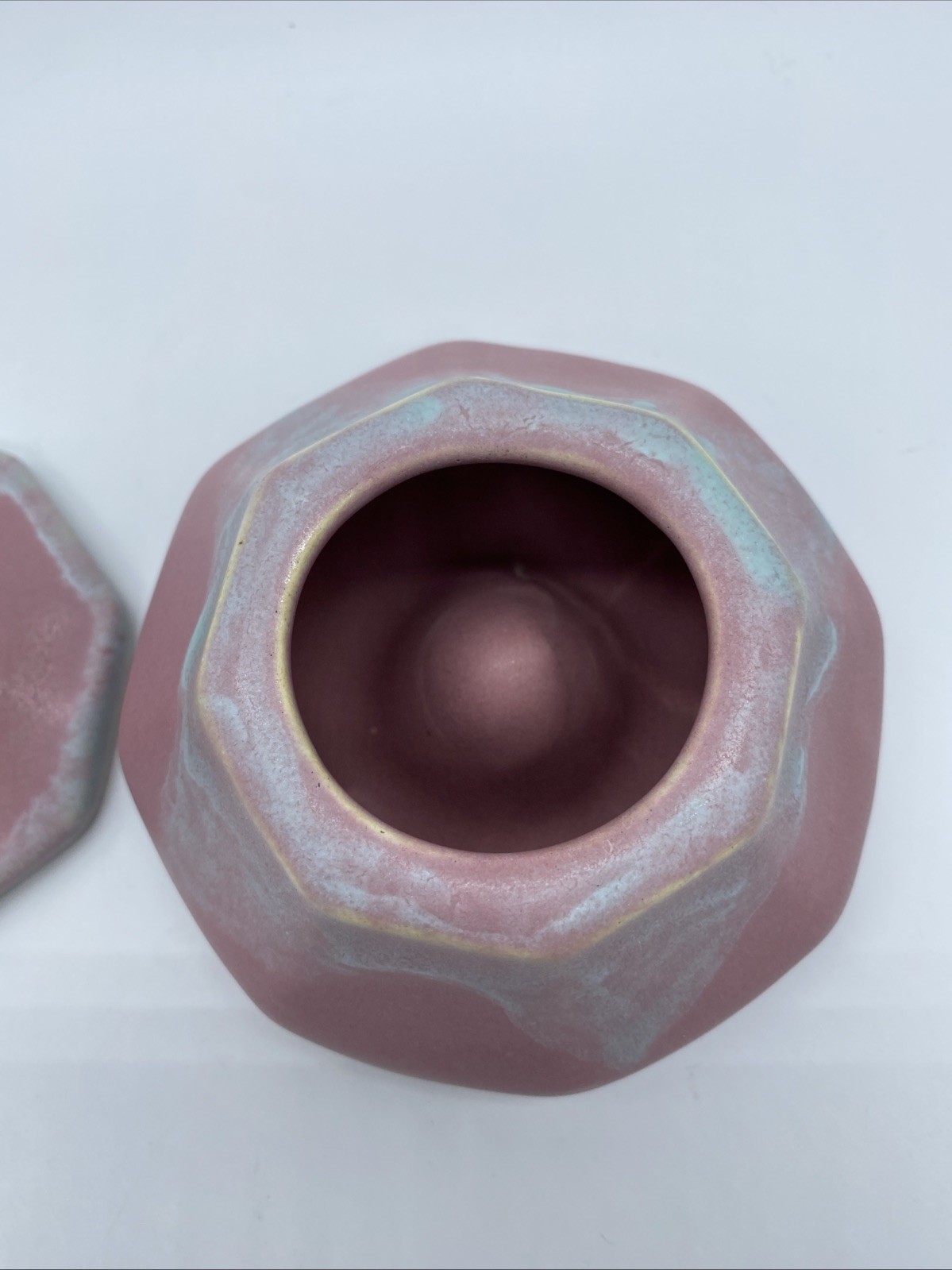 Vintage Camark Art Pottery Vessel Matte Mottled Pink Blue Vase? Cigar Snuffer
