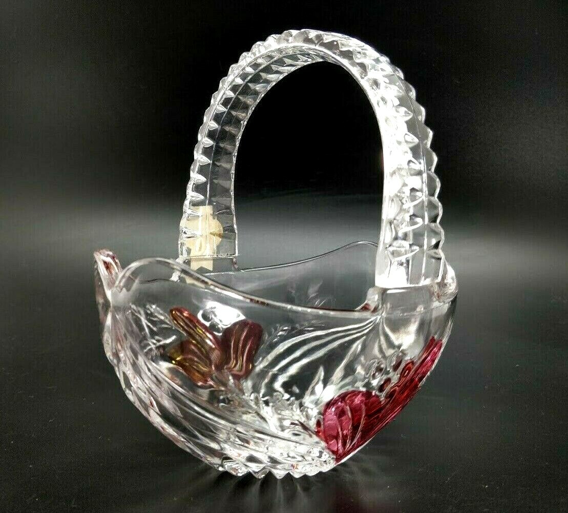 Anna Hutte Bleikristall Germany Hand Cut Lead Crystal Basket Handle Red Flower