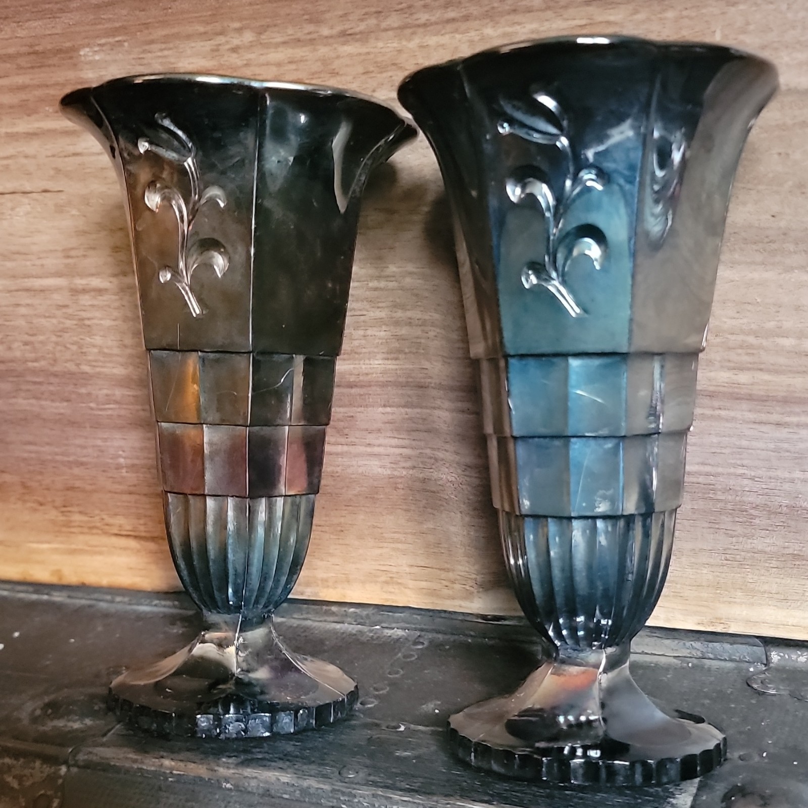 Black Amethyst Glass Vases with Floral Pattern, Decorative Pair from Sweden