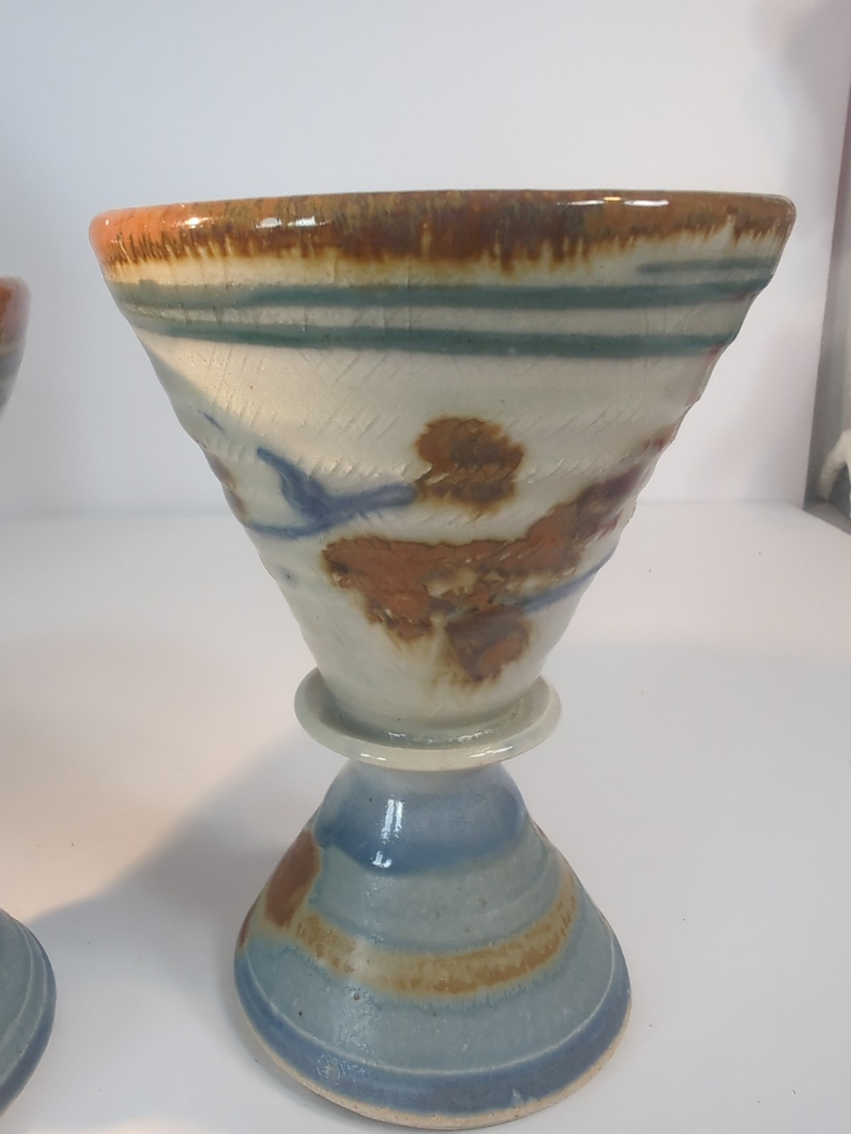 VTG. Studio Art Pottery Hand Thrown Blue Earth Tones Goblets/Vases 6″ Set Of 2