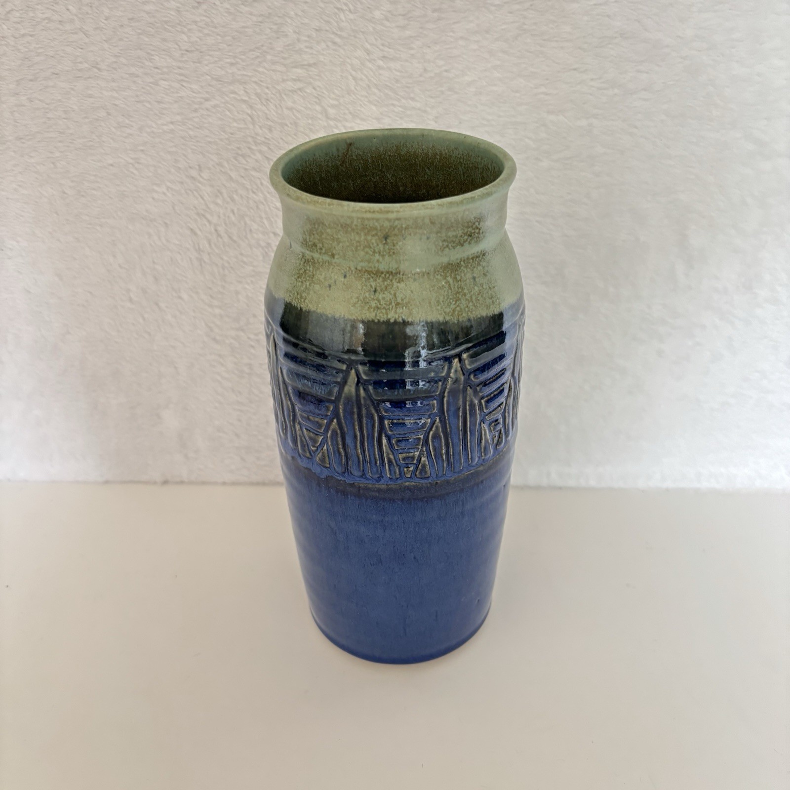 Hand Thrown Studio Art Pottery Blue Green Texture Vase Signed Glaze 9 X 3 Inch