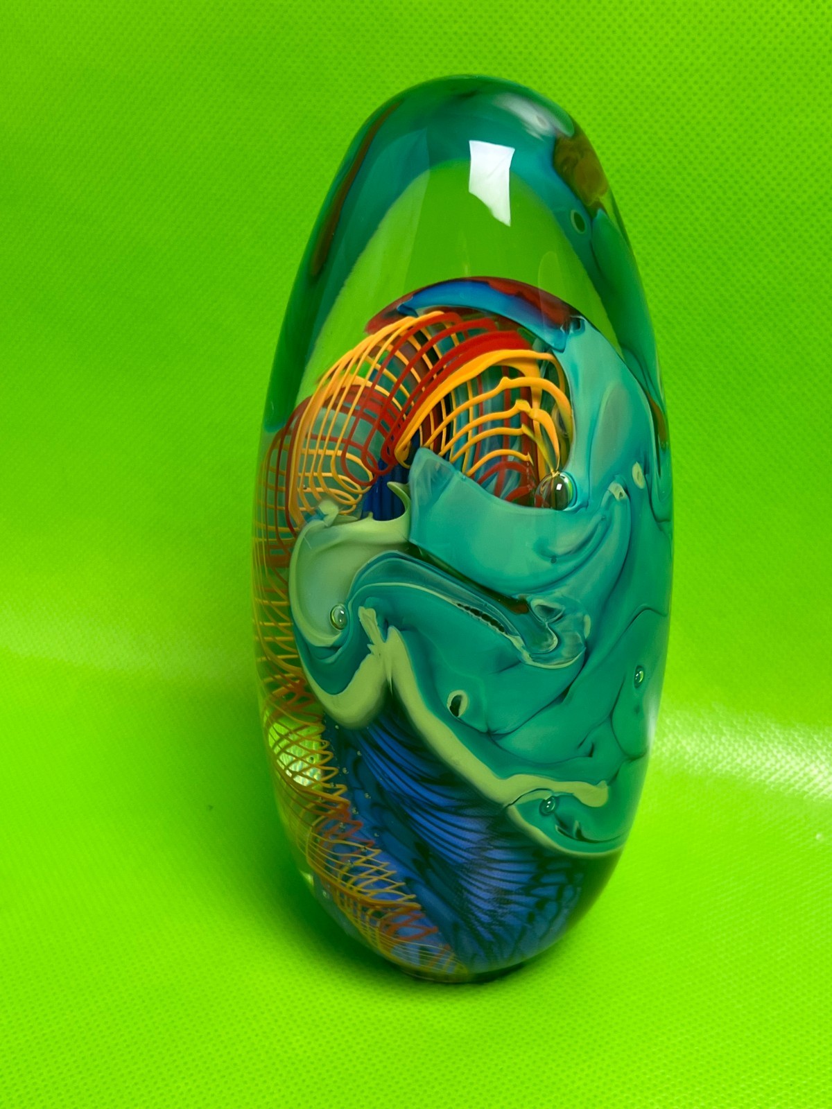 Nathan Macomber Murano Glass Egg Shaped Art Glass Paperweight 6.25 multicolor
