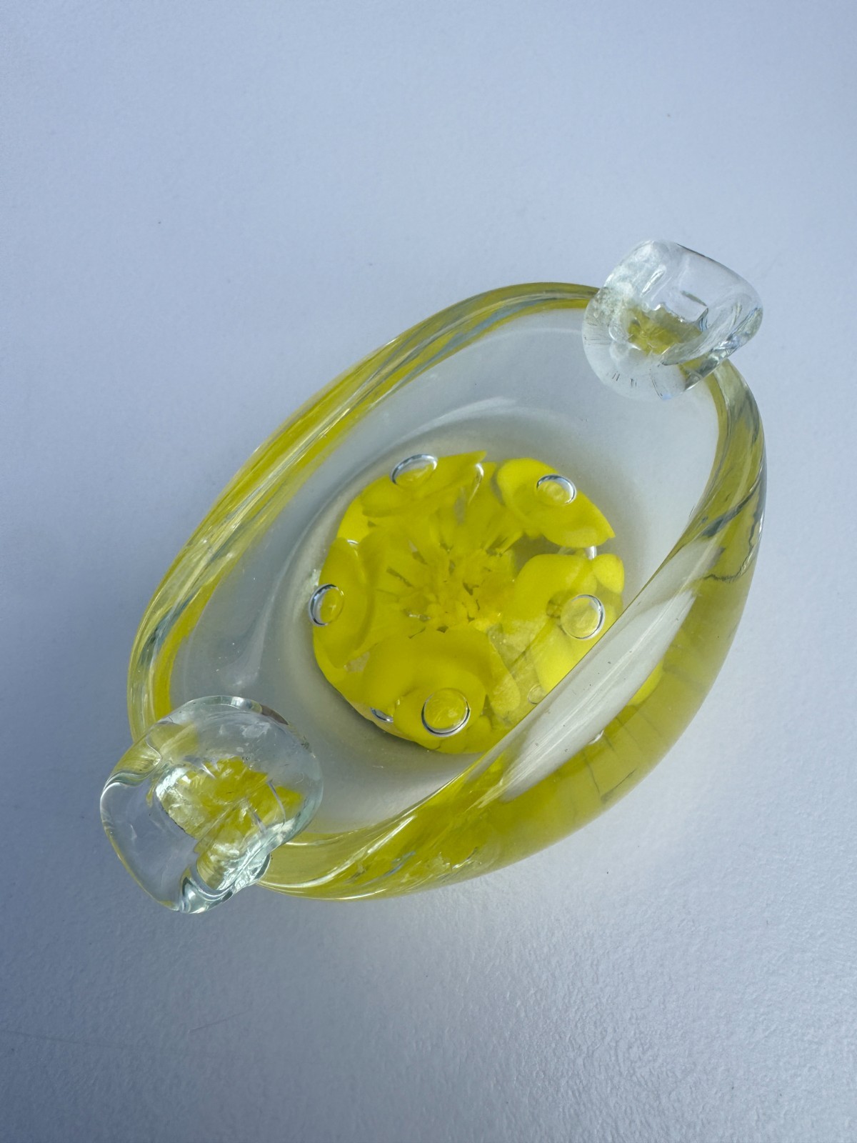 Joe St Clair Art Glass Ashtray Paperweight Pair Blue Yellow Floral Bubble Label