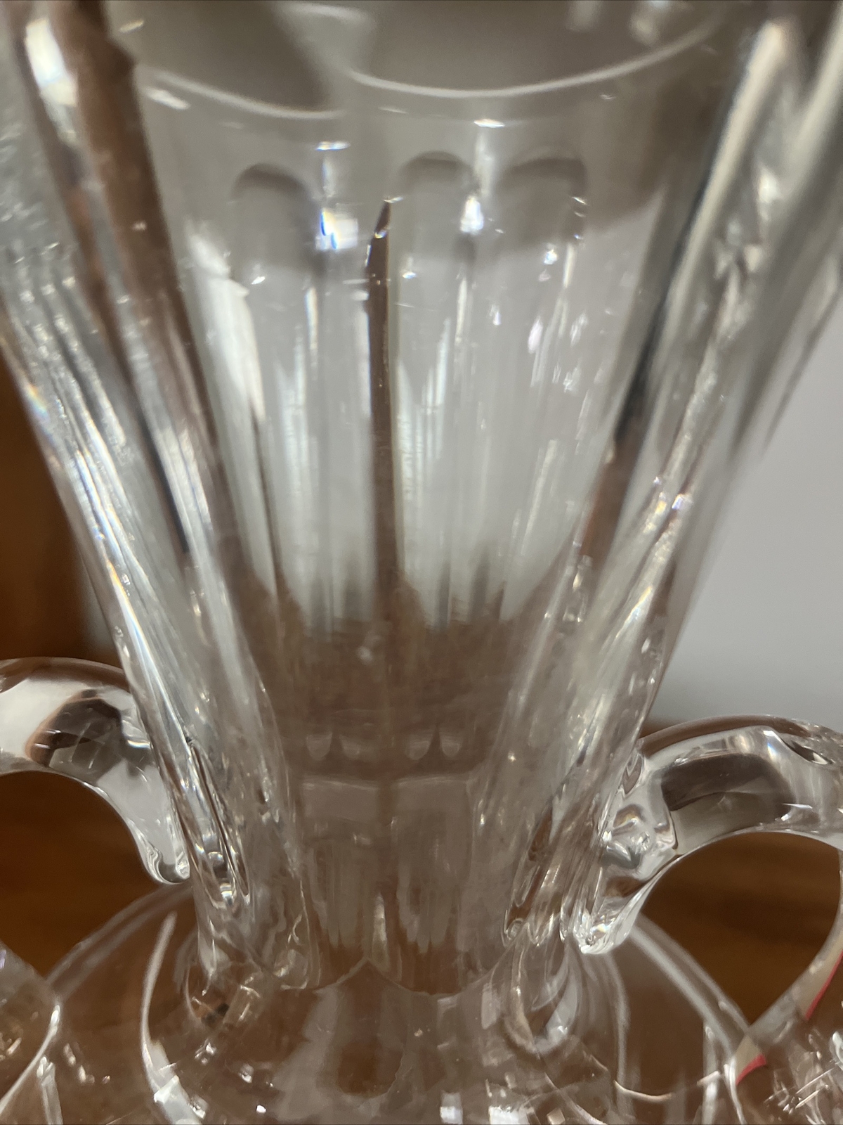 ANTIQUE GORHAM 11 3/4” TALL ETCHED CUT LEAD CRYSTAL TWO HANDLE VASE – 4lb 11 oz.