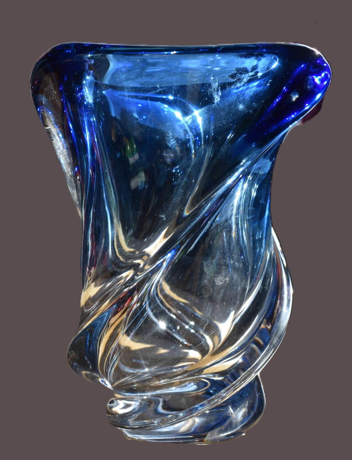 Val St. Lambert Signed Blue Art Glass Vase Twisted Rene Delvenne Crystal 1950s