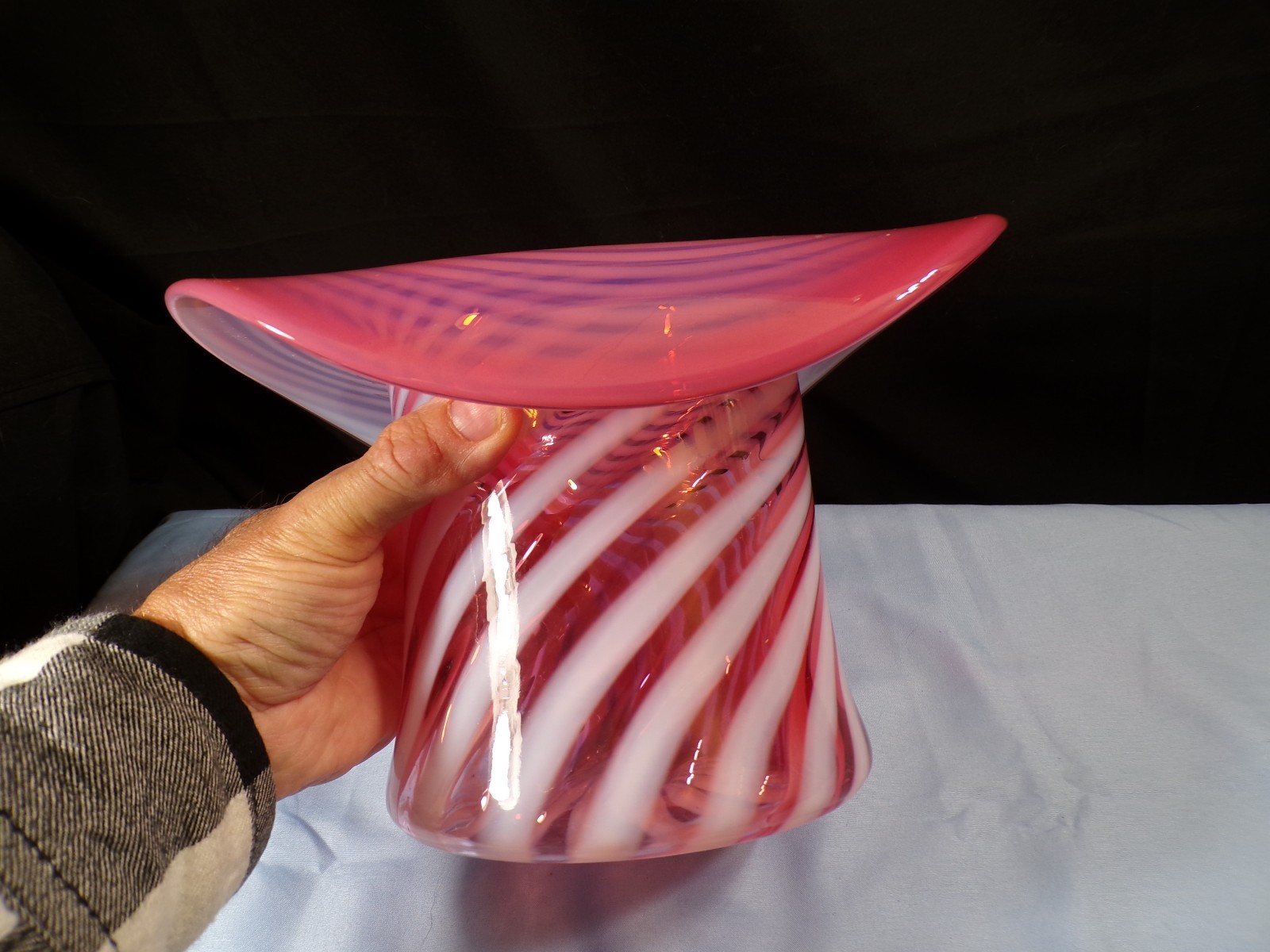 Large Fenton Cranberry Opalescent Glass Spiral Optic Hat Shaped Vase 6″ Tall