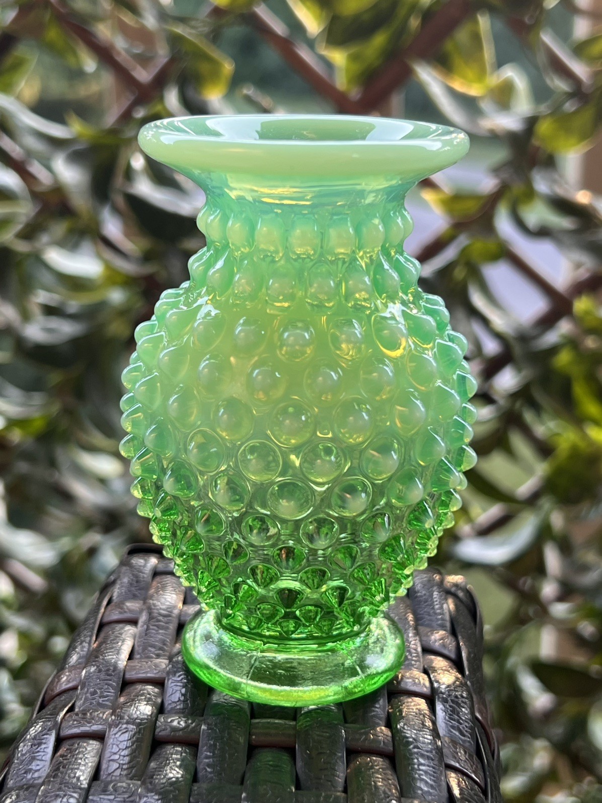 Vintage Fenton Uranium Hobnail Opalescent Green Glass Vase GLOWS